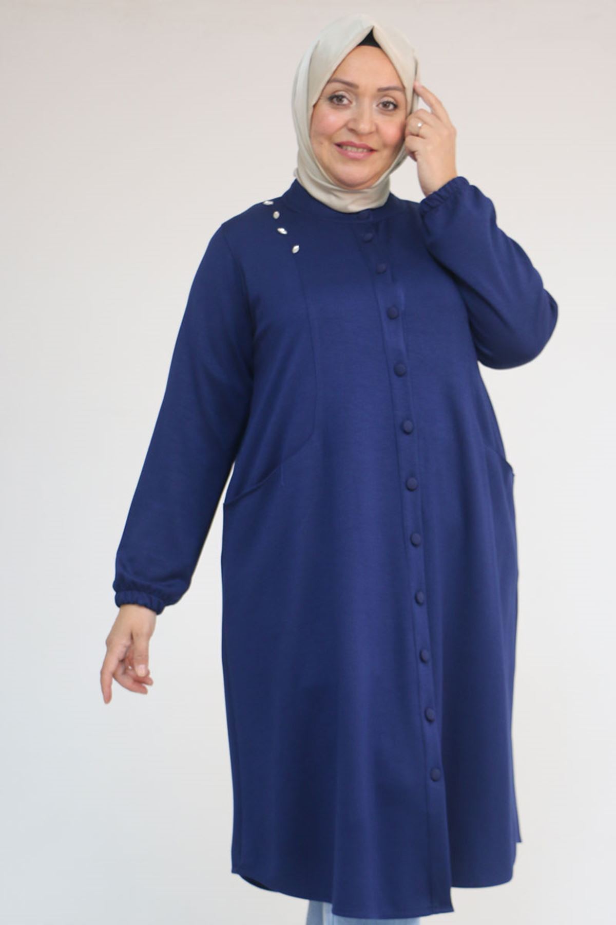 53054 Büyük Beden Boydan Düğmeli Modal Ceket - İndigo