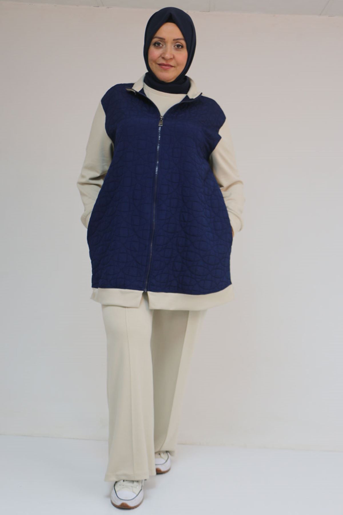 57304 Büyük Beden Ceketli Modal-Kapitone Üçlü Takım - İndigo-Bej