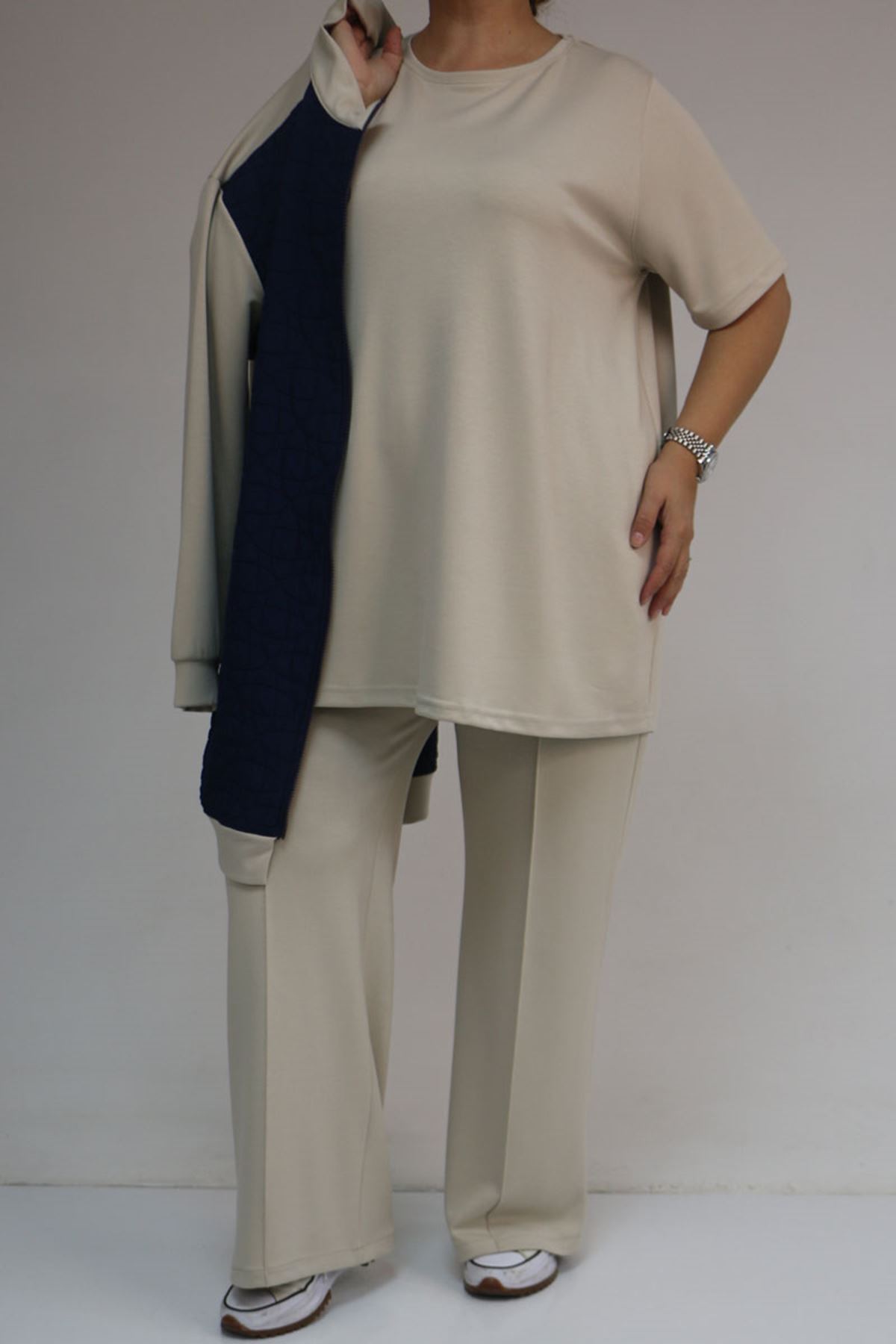 57304 Büyük Beden Ceketli Modal-Kapitone Üçlü Takım - İndigo-Bej