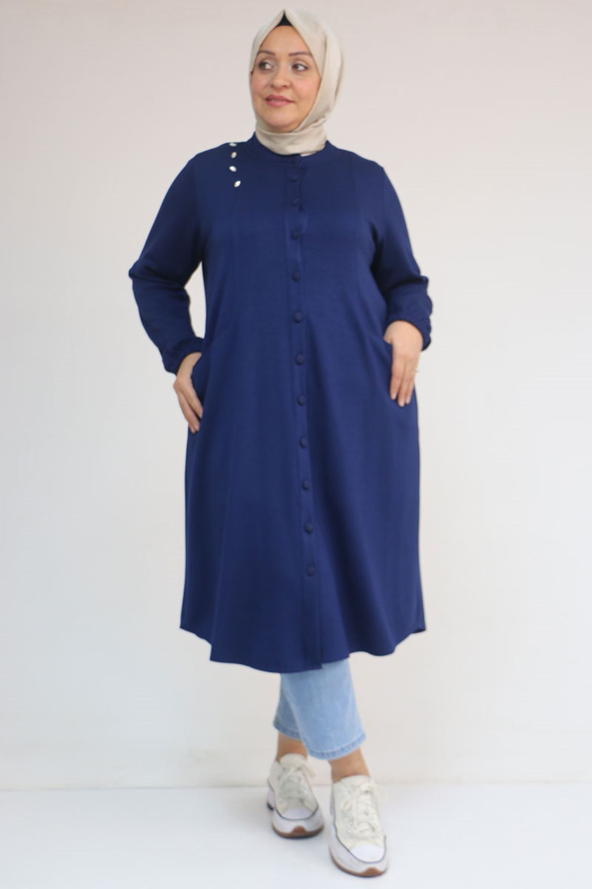 53054 Büyük Beden Boydan Düğmeli Modal Ceket - İndigo