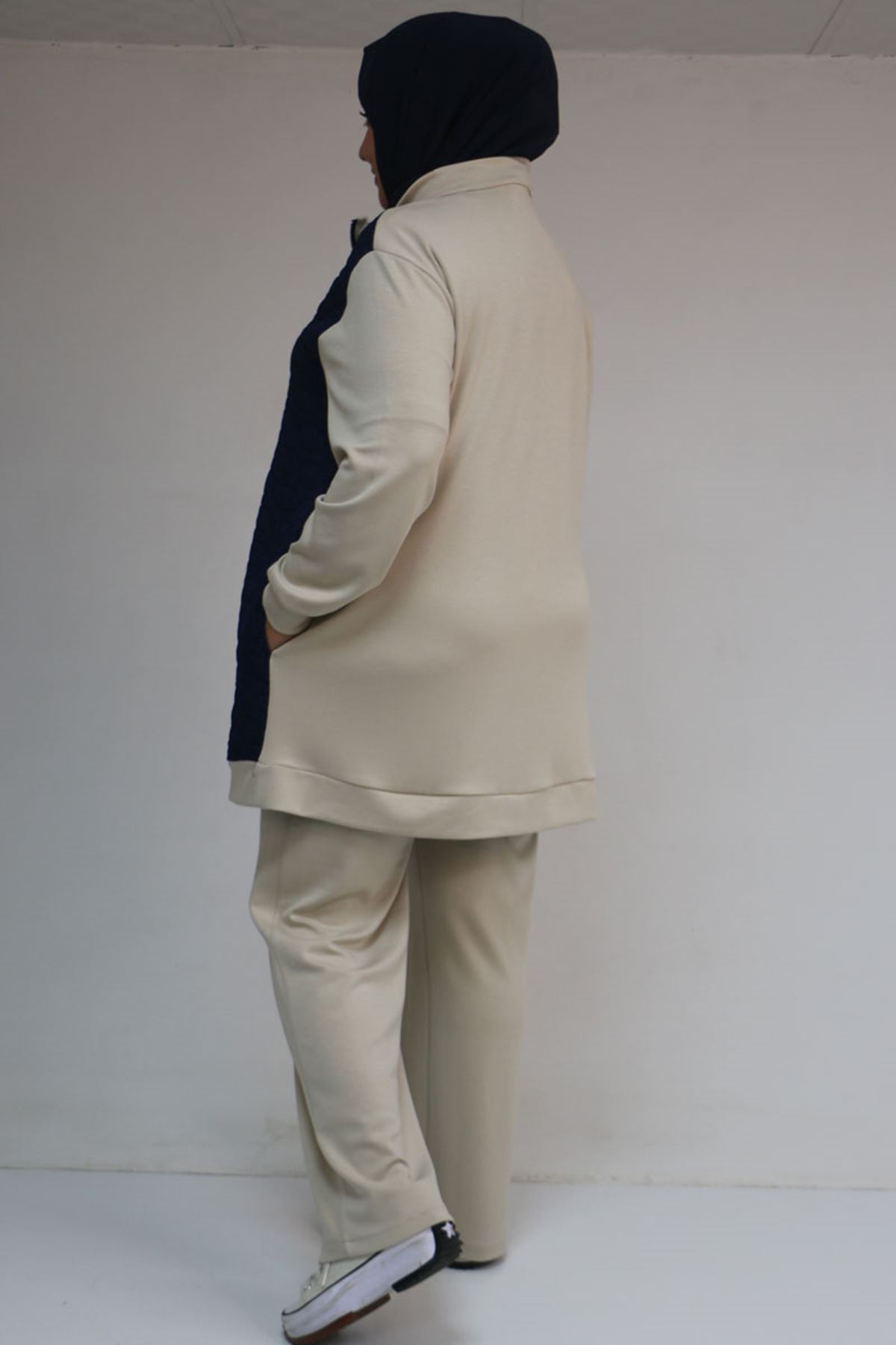 57304 Büyük Beden Ceketli Modal-Kapitone Üçlü Takım - İndigo-Bej