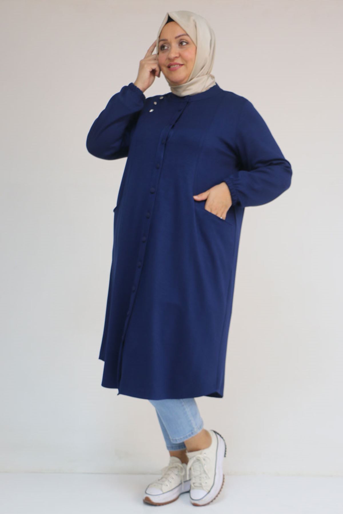 53054 Büyük Beden Boydan Düğmeli Modal Ceket - İndigo