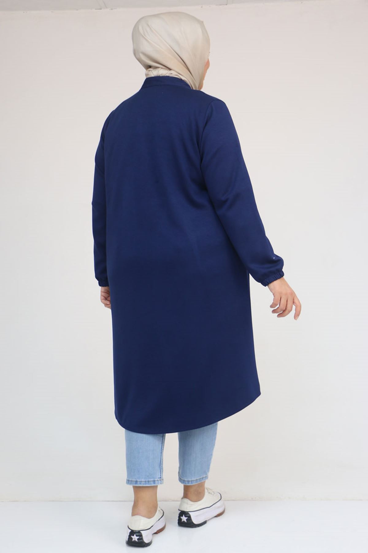 53054 Büyük Beden Boydan Düğmeli Modal Ceket - İndigo
