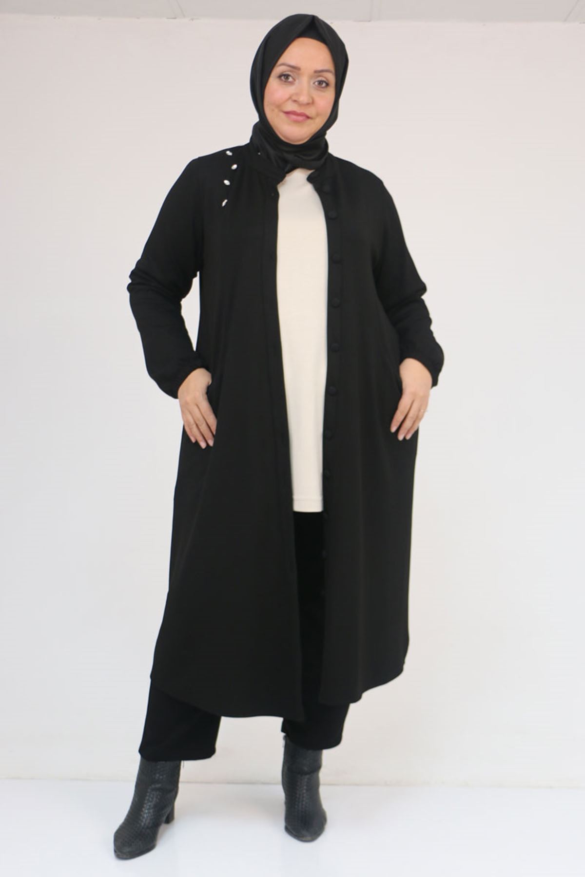 53054 Büyük Beden Boydan Düğmeli Modal Ceket - Siyah