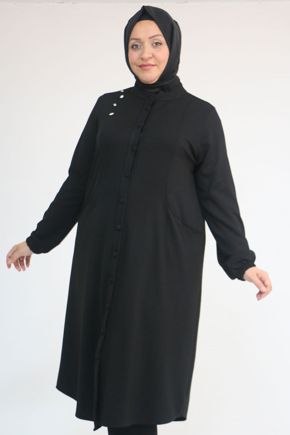 53054 Büyük Beden Boydan Düğmeli Modal Ceket - Siyah