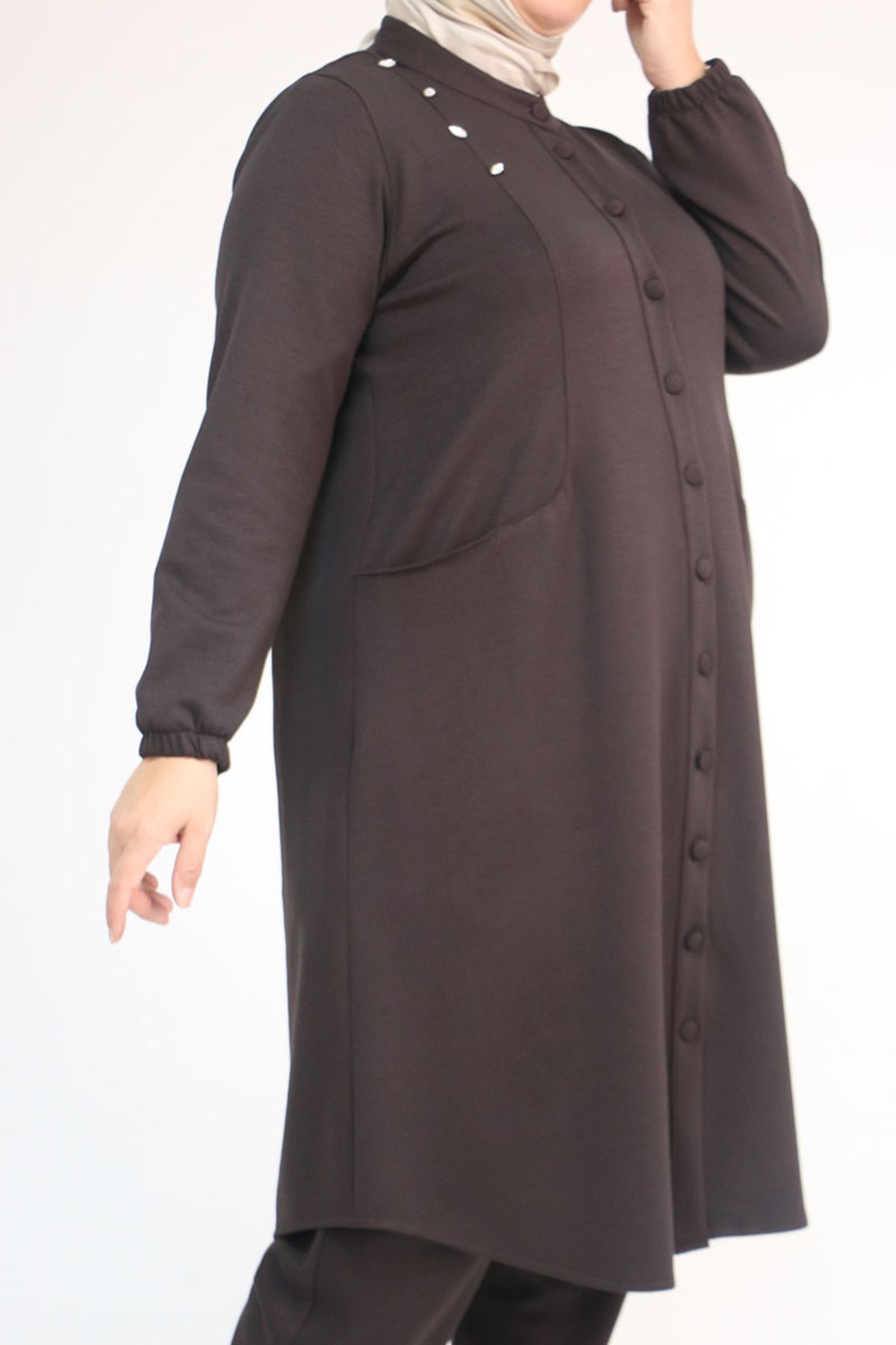 53054 Büyük Beden Boydan Düğmeli Modal Ceket - Kahve