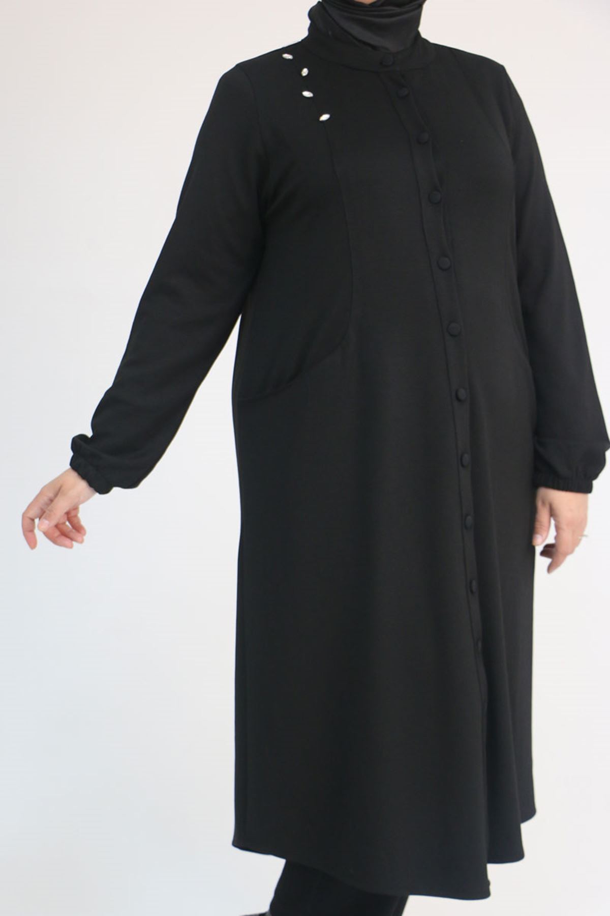 53054 Büyük Beden Boydan Düğmeli Modal Ceket - Siyah