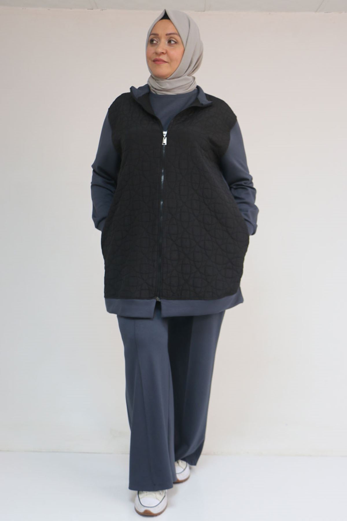 57304 Büyük Beden Ceketli Modal-Kapitone Üçlü Takım - Siyah-Antrasit