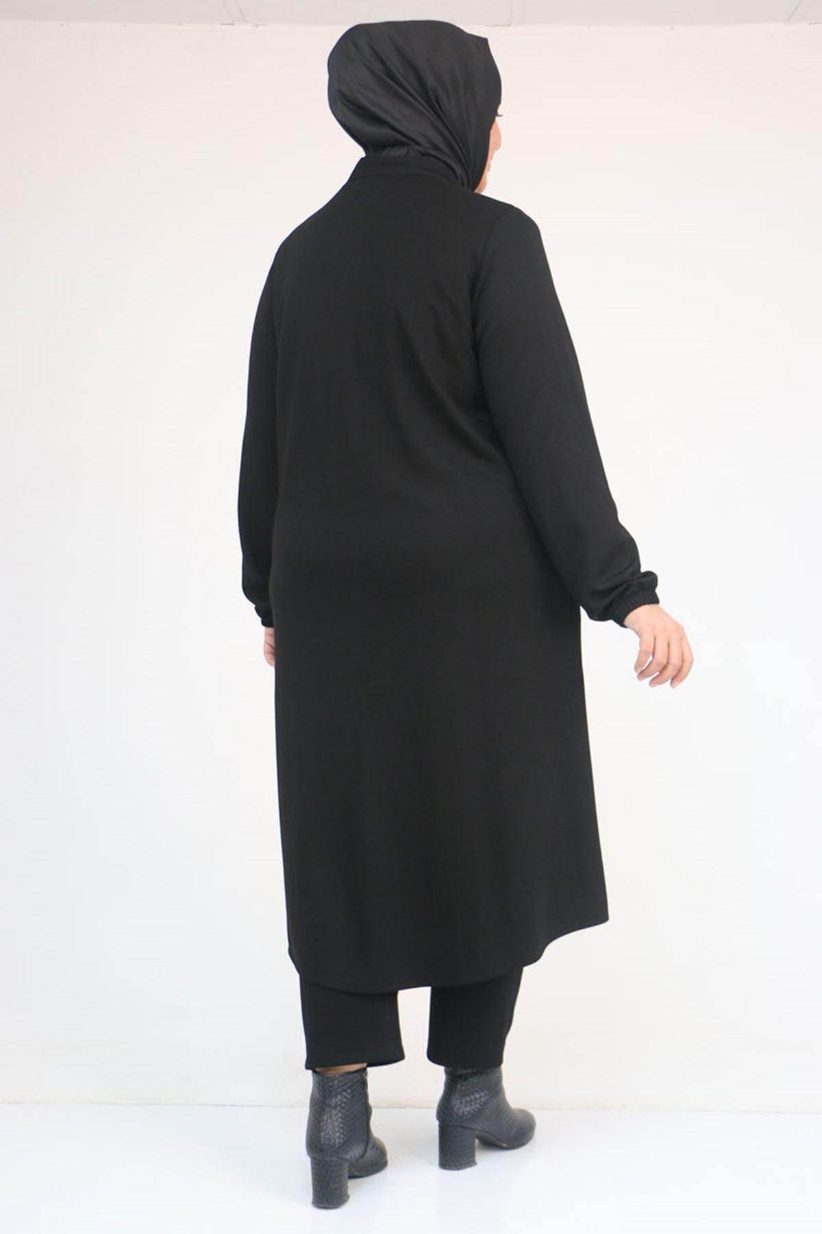 53054 Büyük Beden Boydan Düğmeli Modal Ceket - Siyah