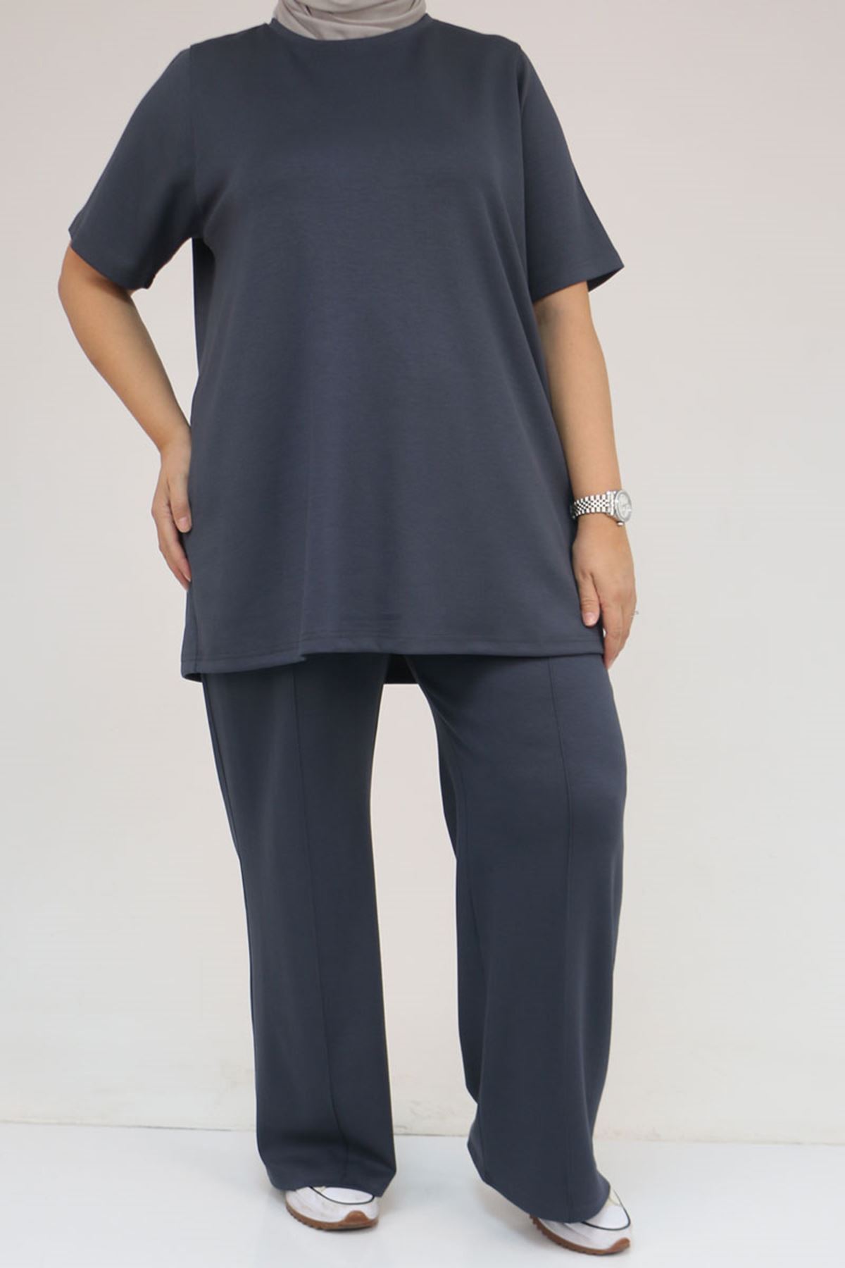 57304 Büyük Beden Ceketli Modal-Kapitone Üçlü Takım - Siyah-Antrasit