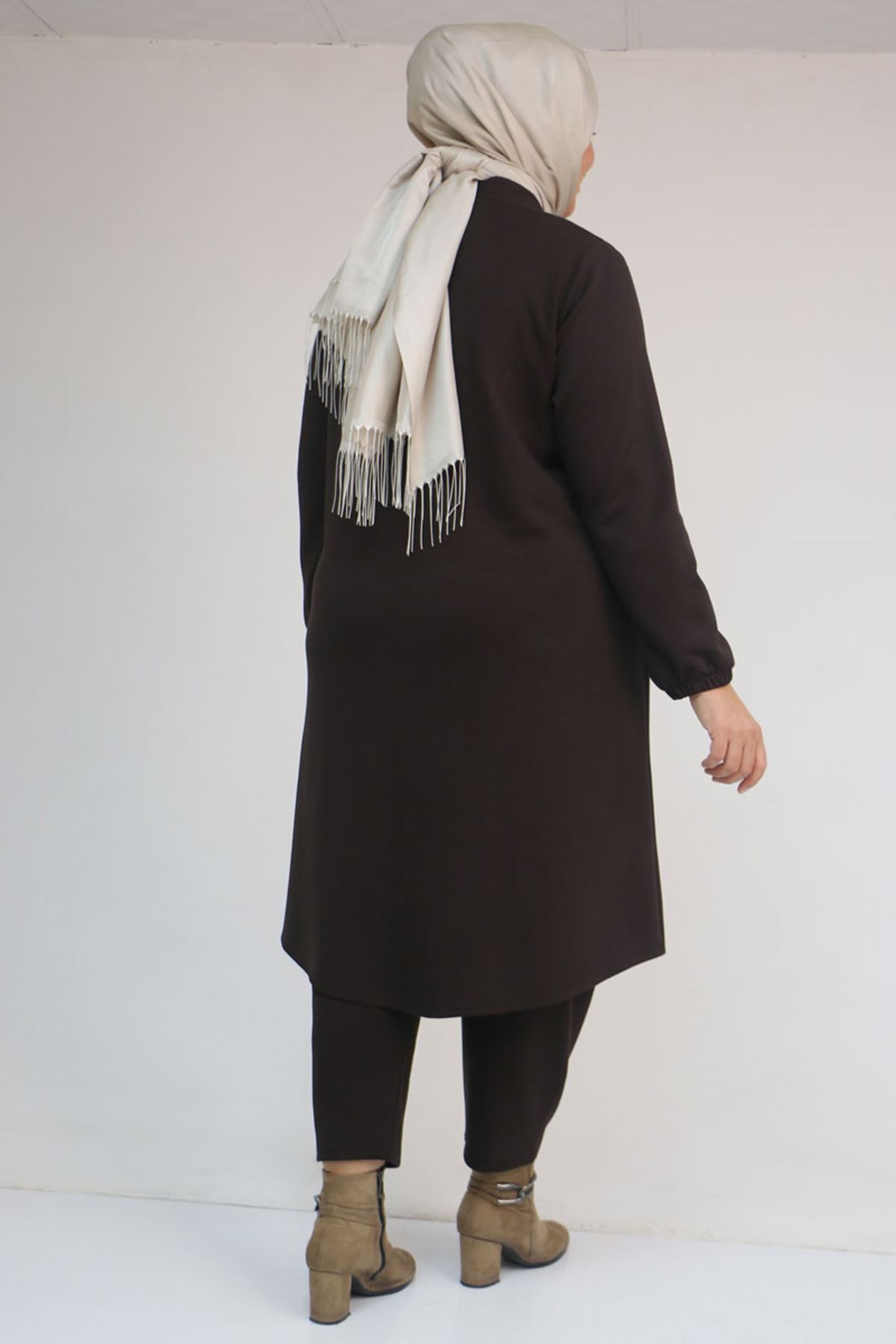 53054 Büyük Beden Boydan Düğmeli Modal Ceket - Kahve