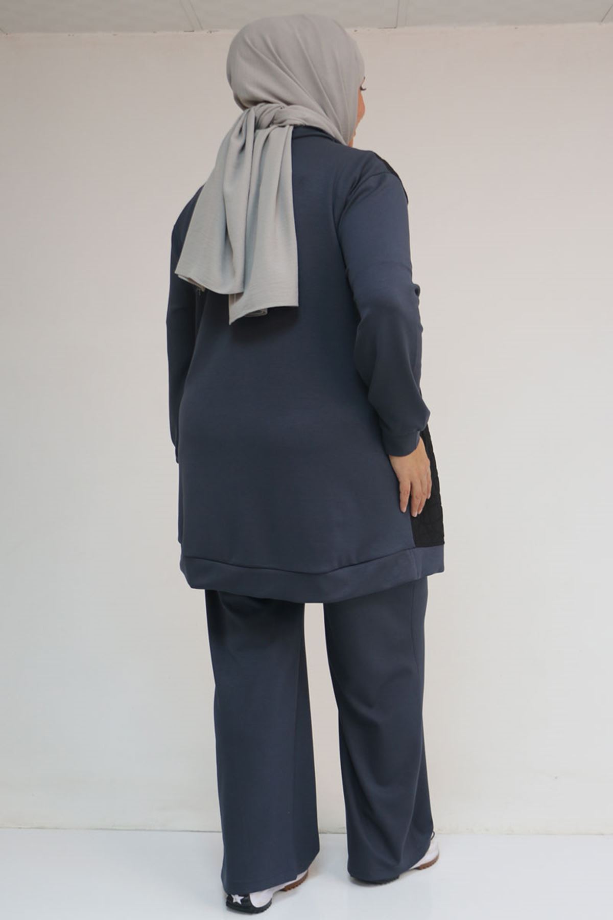 57304 Büyük Beden Ceketli Modal-Kapitone Üçlü Takım - Siyah-Antrasit