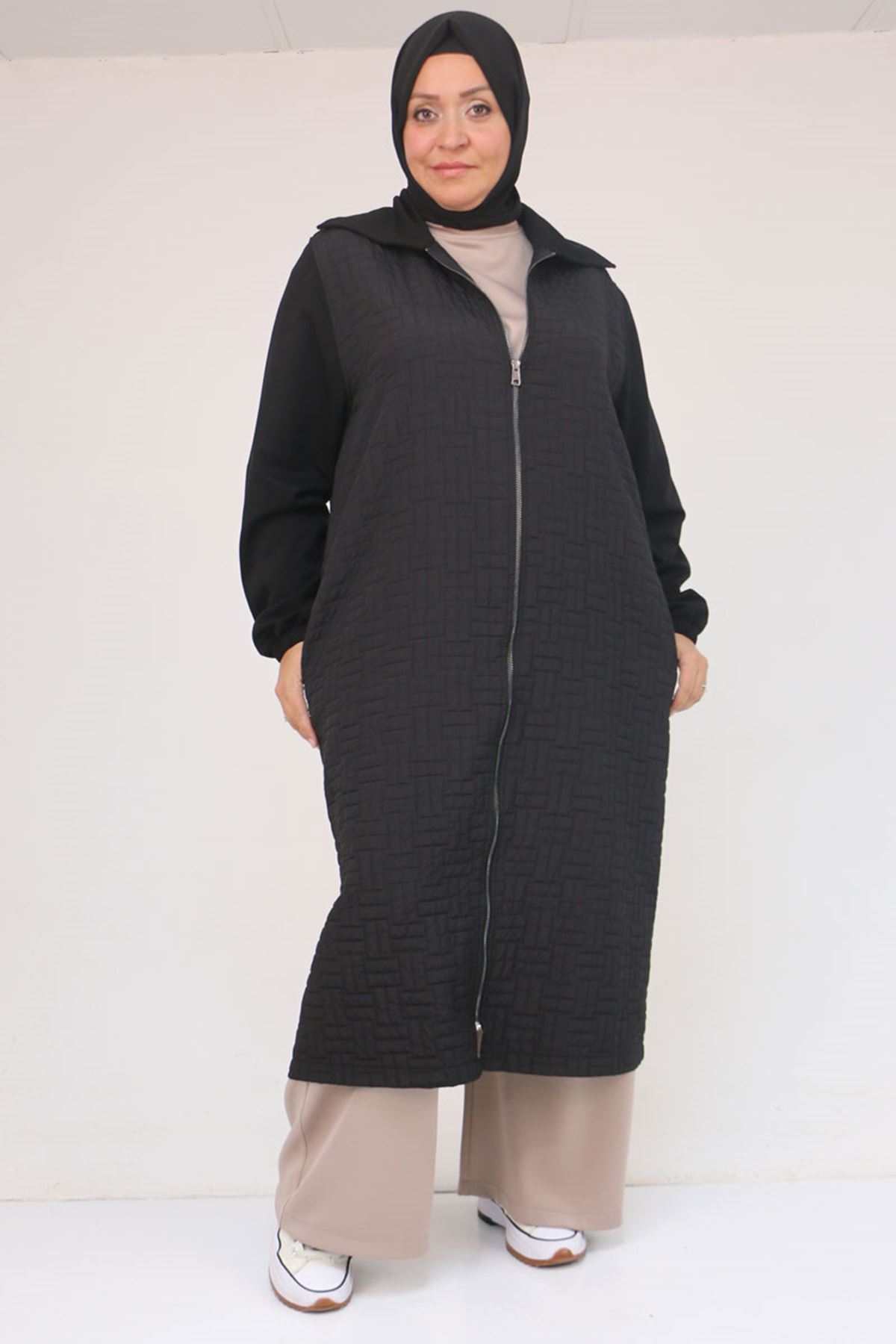 26K53042 - SİYAH -  Büyük Beden Kolları Lastikli Modal-Kapitone Kap