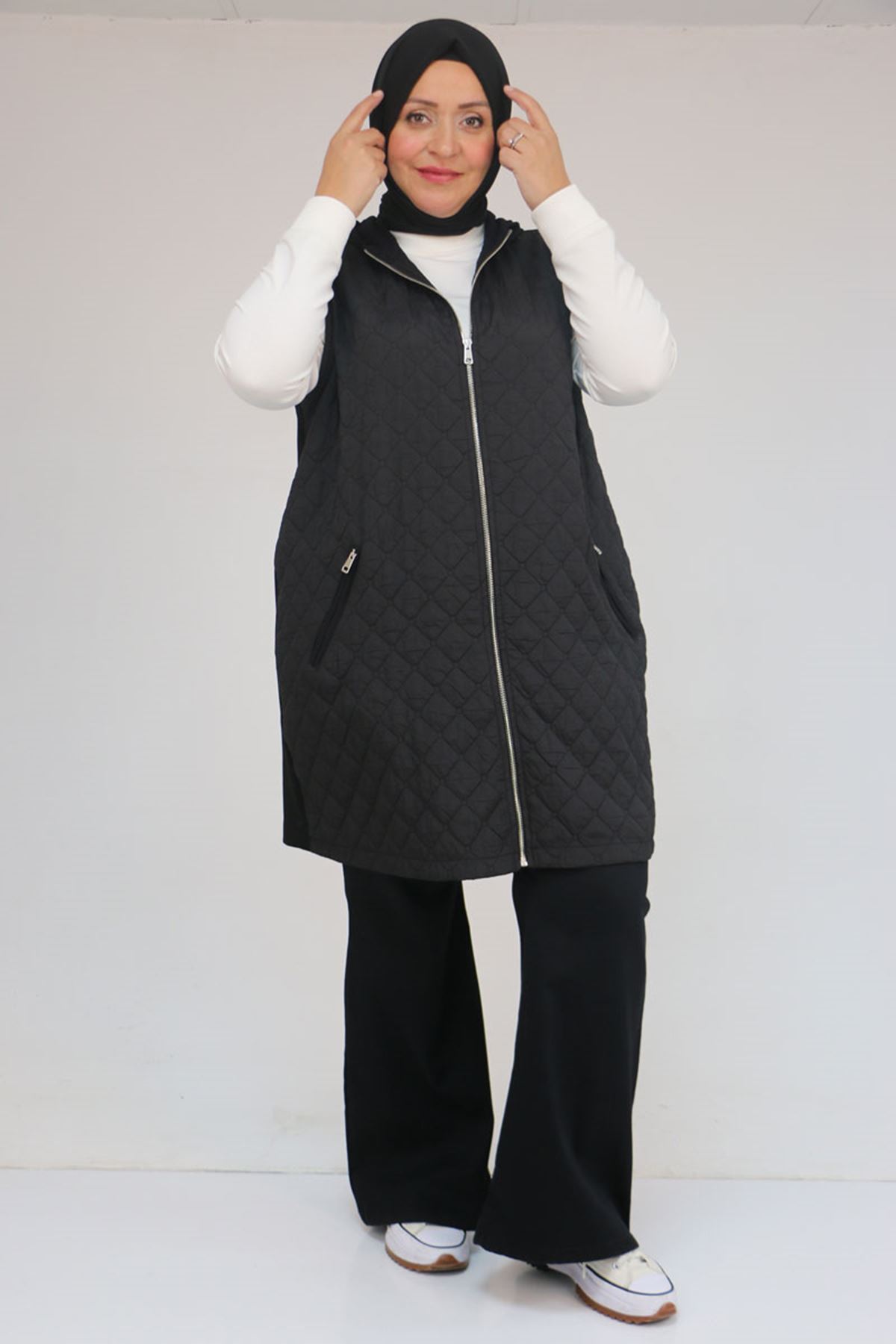 26K54011- SİYAH -  Büyük Beden Cepleri Fermuarlı Modal - Kapitone Yelek 