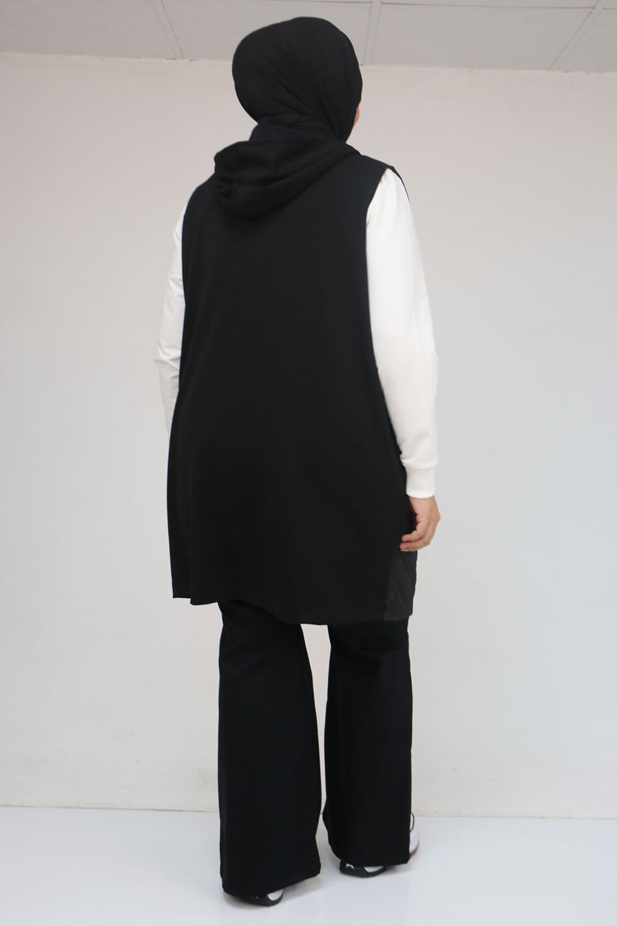 26K54011- SİYAH -  Büyük Beden Cepleri Fermuarlı Modal - Kapitone Yelek 