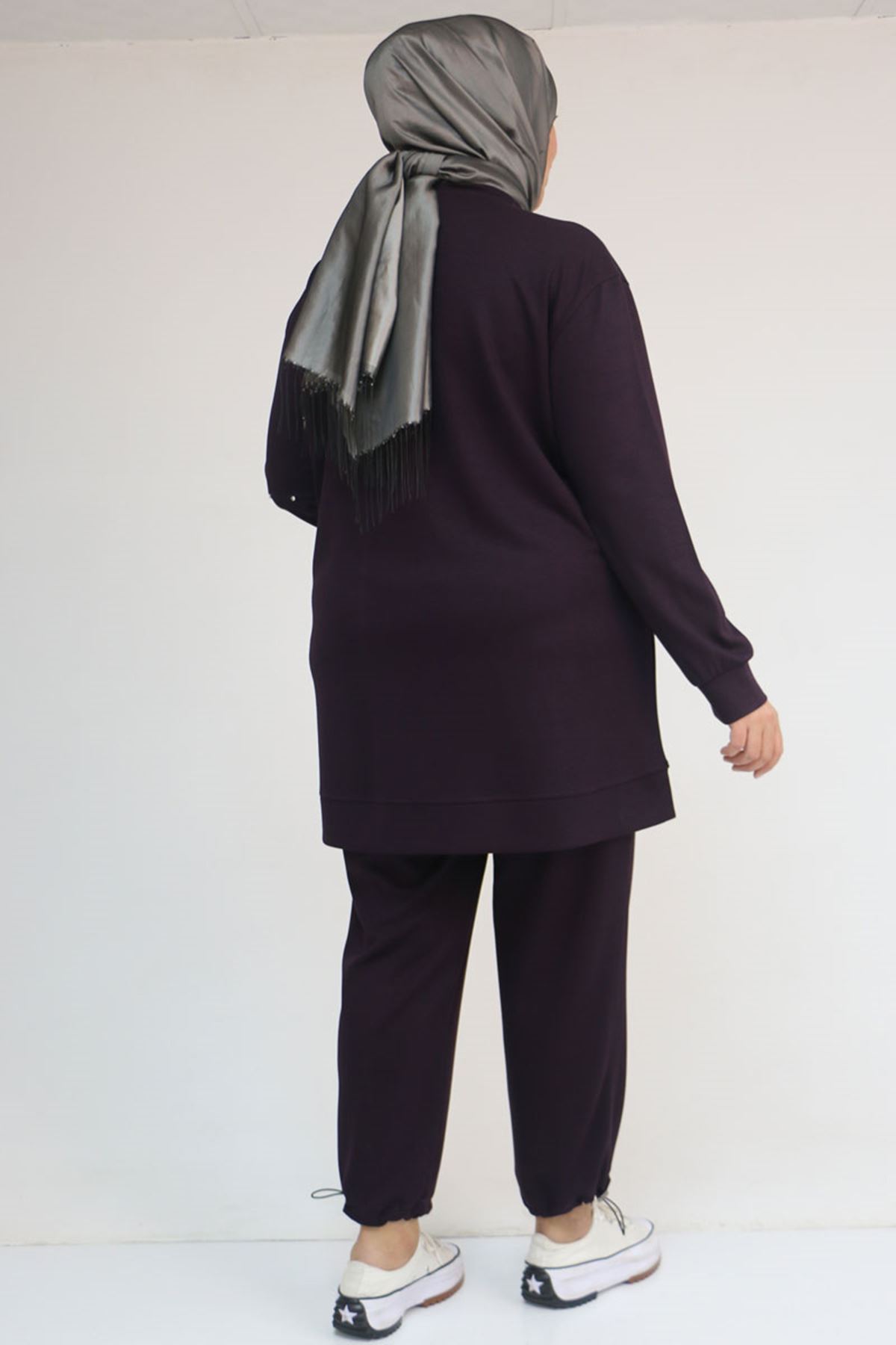 57052 Büyük Beden Pantolon Paçası Lastikli İkili Modal Takım - Mürdüm