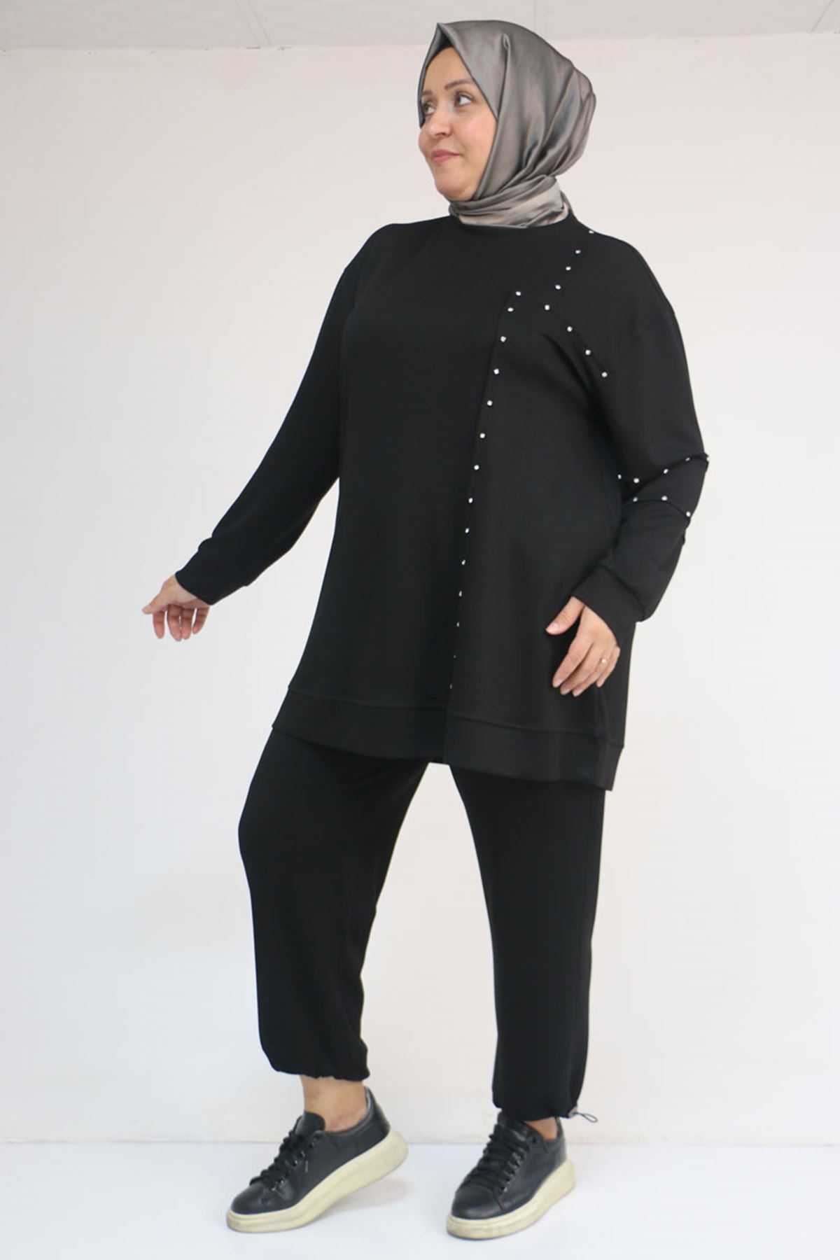 57052 Büyük Beden Pantolon Paçası Lastikli İkili Modal Takım - Siyah