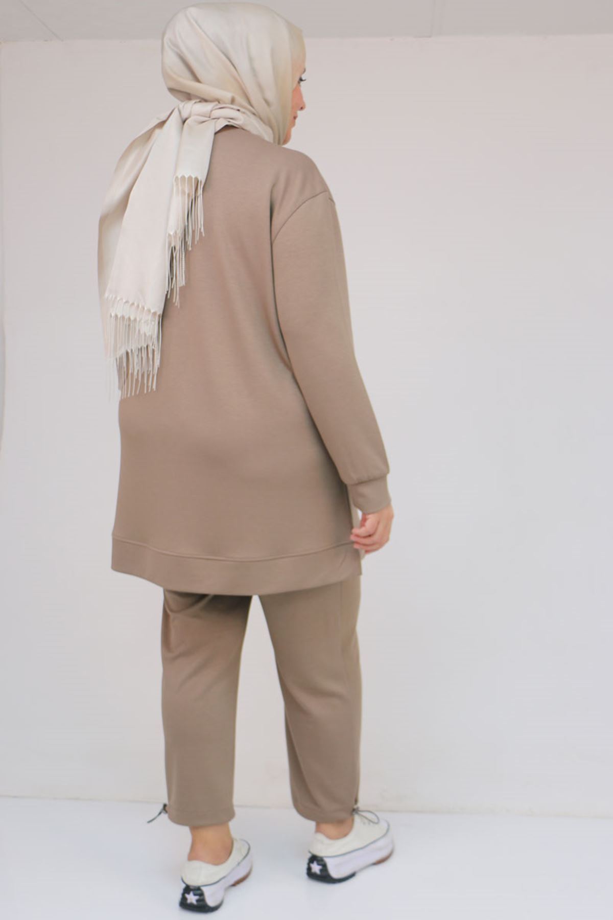 57052 Büyük Beden Pantolon Paçası Lastikli İkili Modal Takım - Vizon