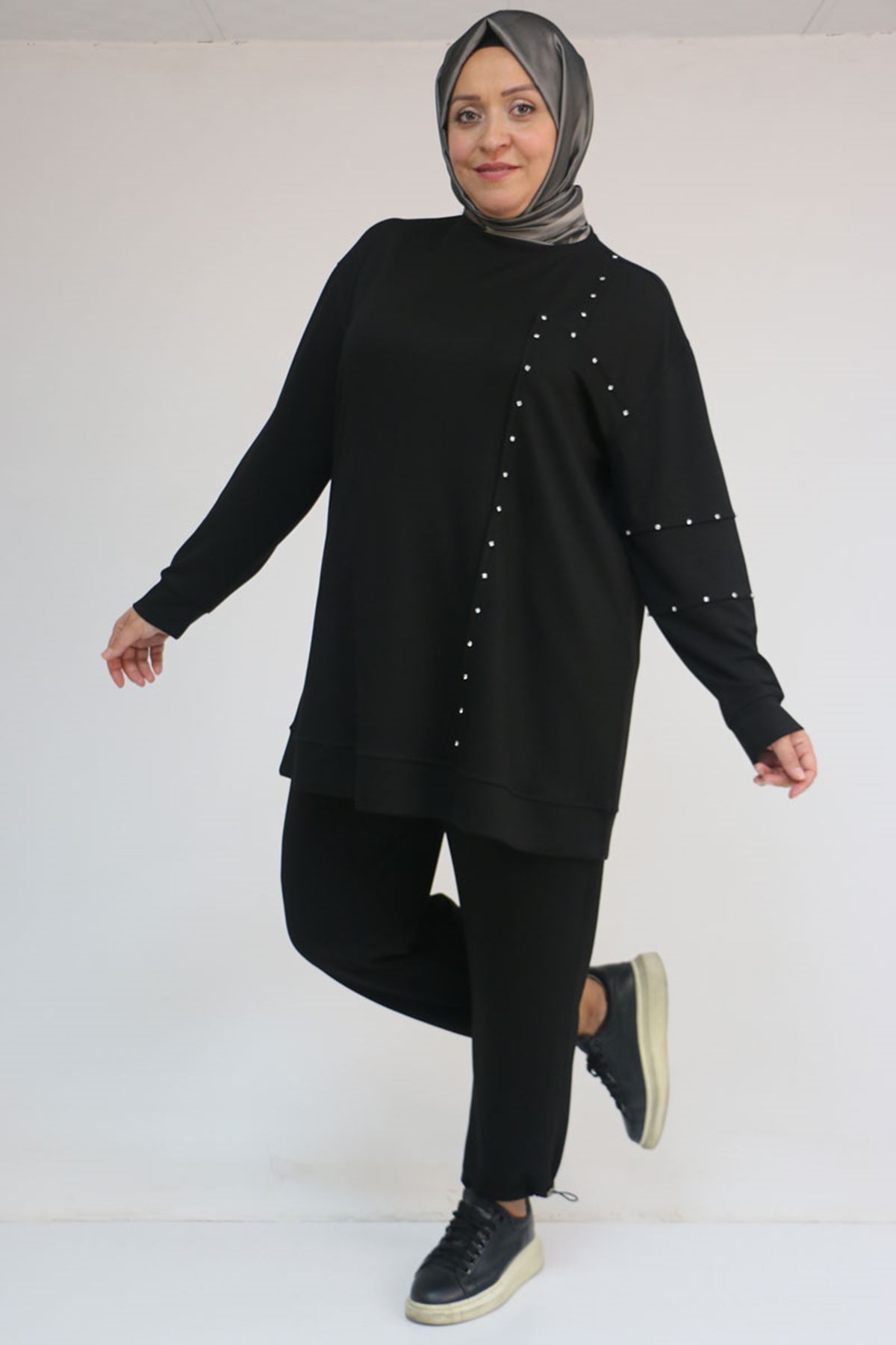 57052 Büyük Beden Pantolon Paçası Lastikli İkili Modal Takım - Siyah