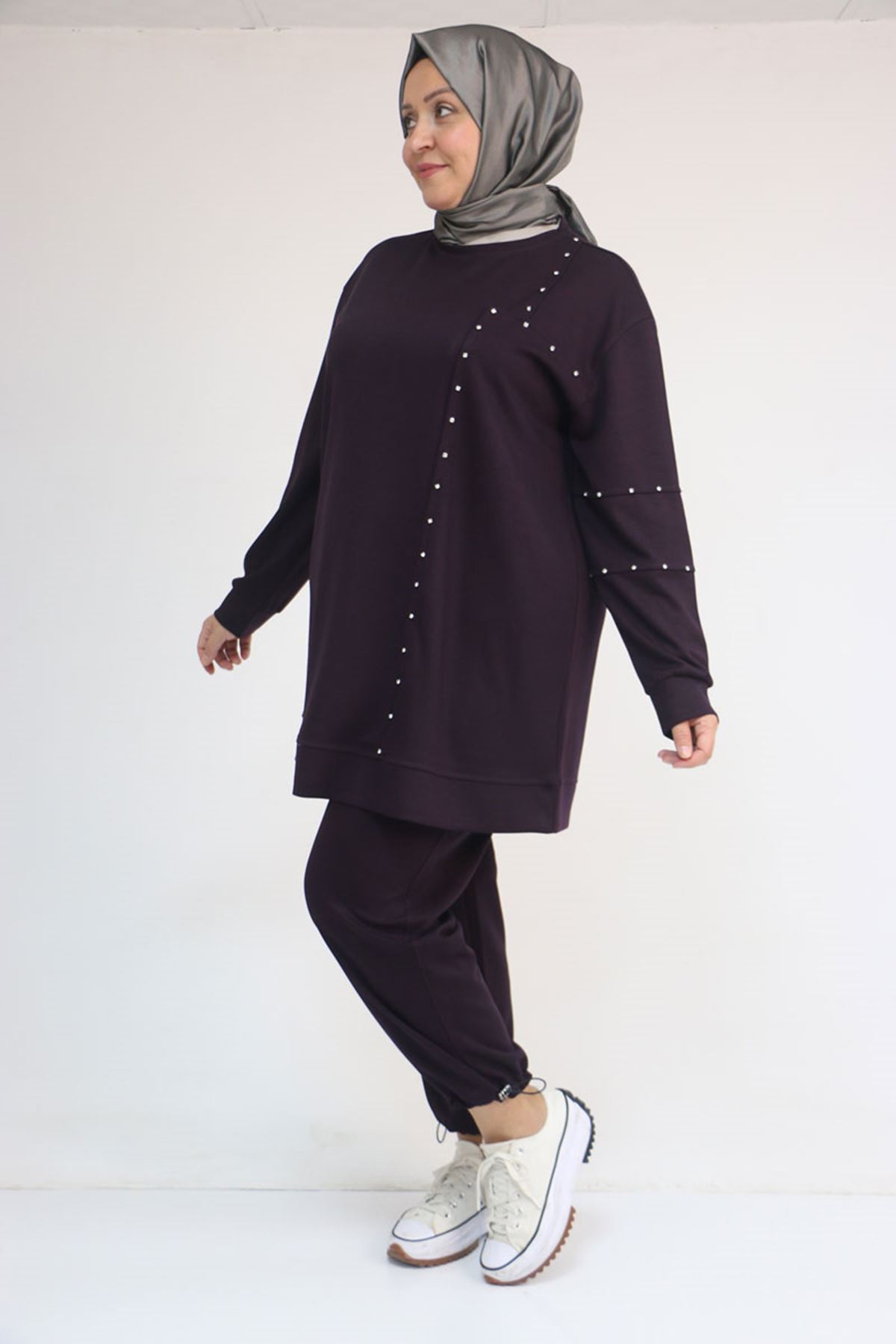 57052 Büyük Beden Pantolon Paçası Lastikli İkili Modal Takım - Mürdüm