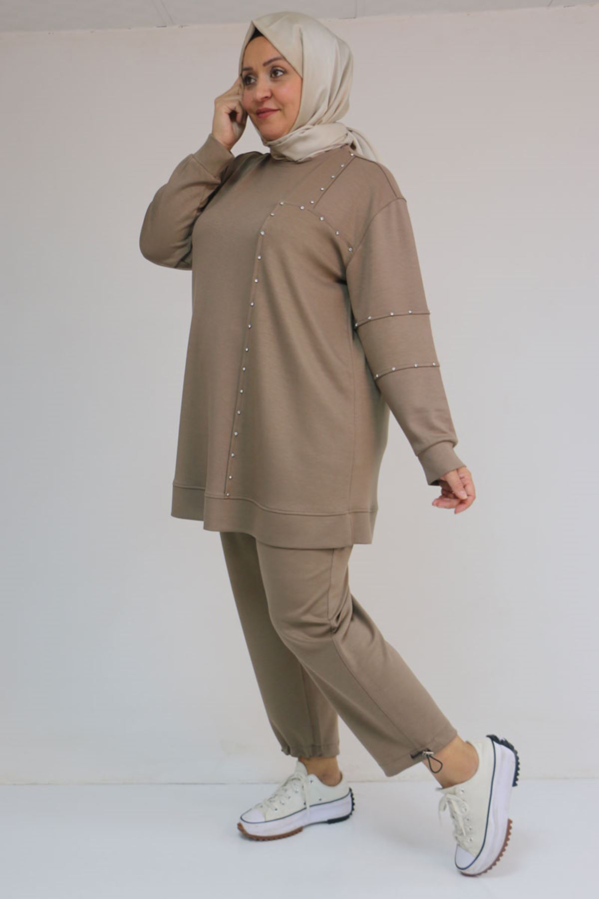 57052 Büyük Beden Pantolon Paçası Lastikli İkili Modal Takım - Vizon