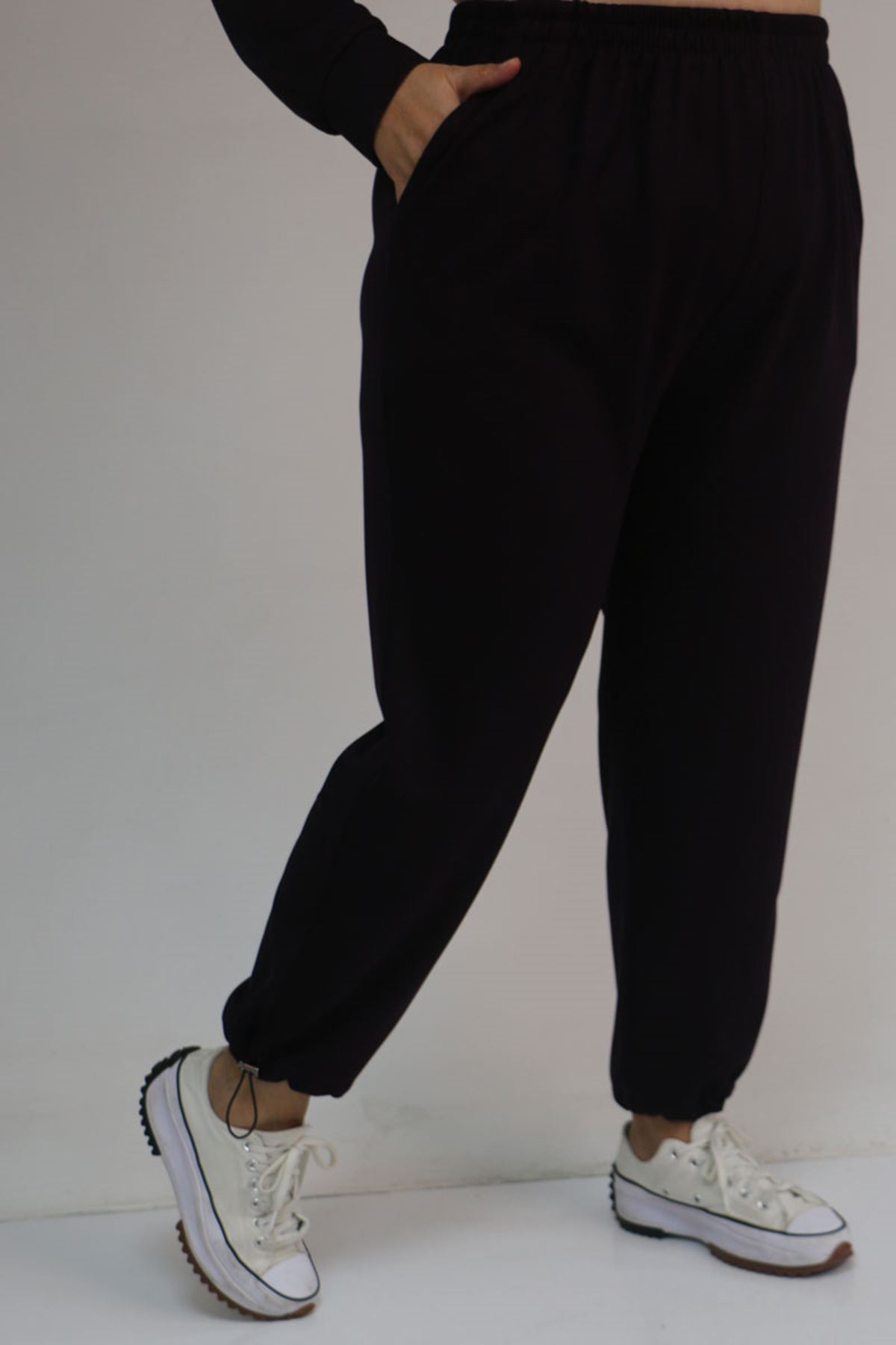 57052 Büyük Beden Pantolon Paçası Lastikli İkili Modal Takım - Mürdüm