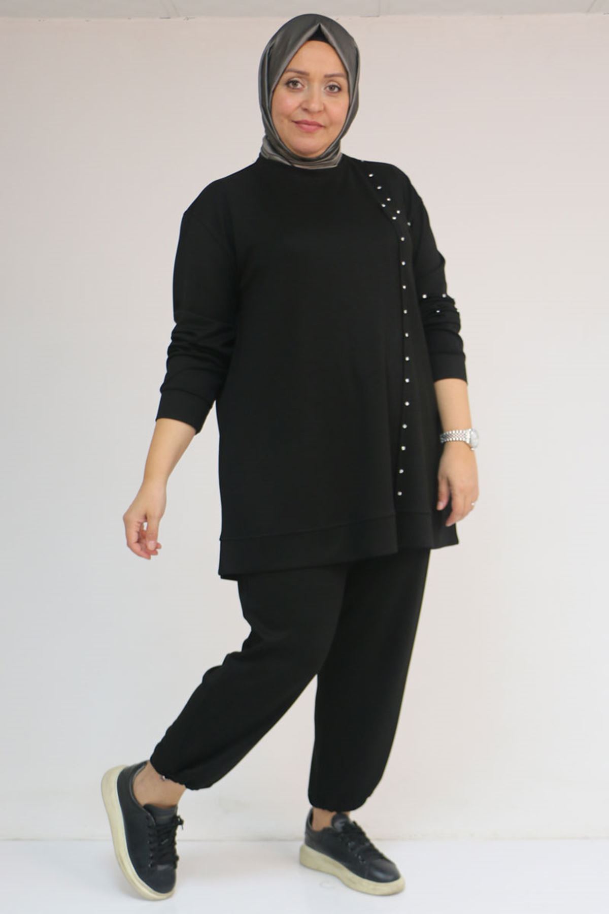 57052 Büyük Beden Pantolon Paçası Lastikli İkili Modal Takım - Siyah