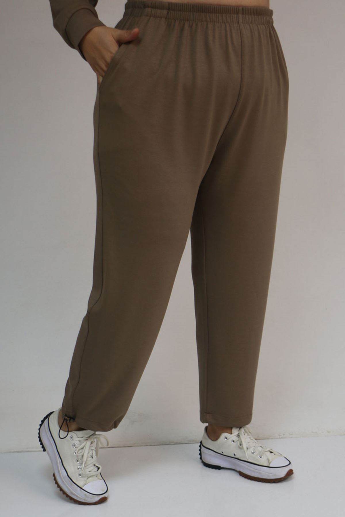 57052 Büyük Beden Pantolon Paçası Lastikli İkili Modal Takım - Vizon