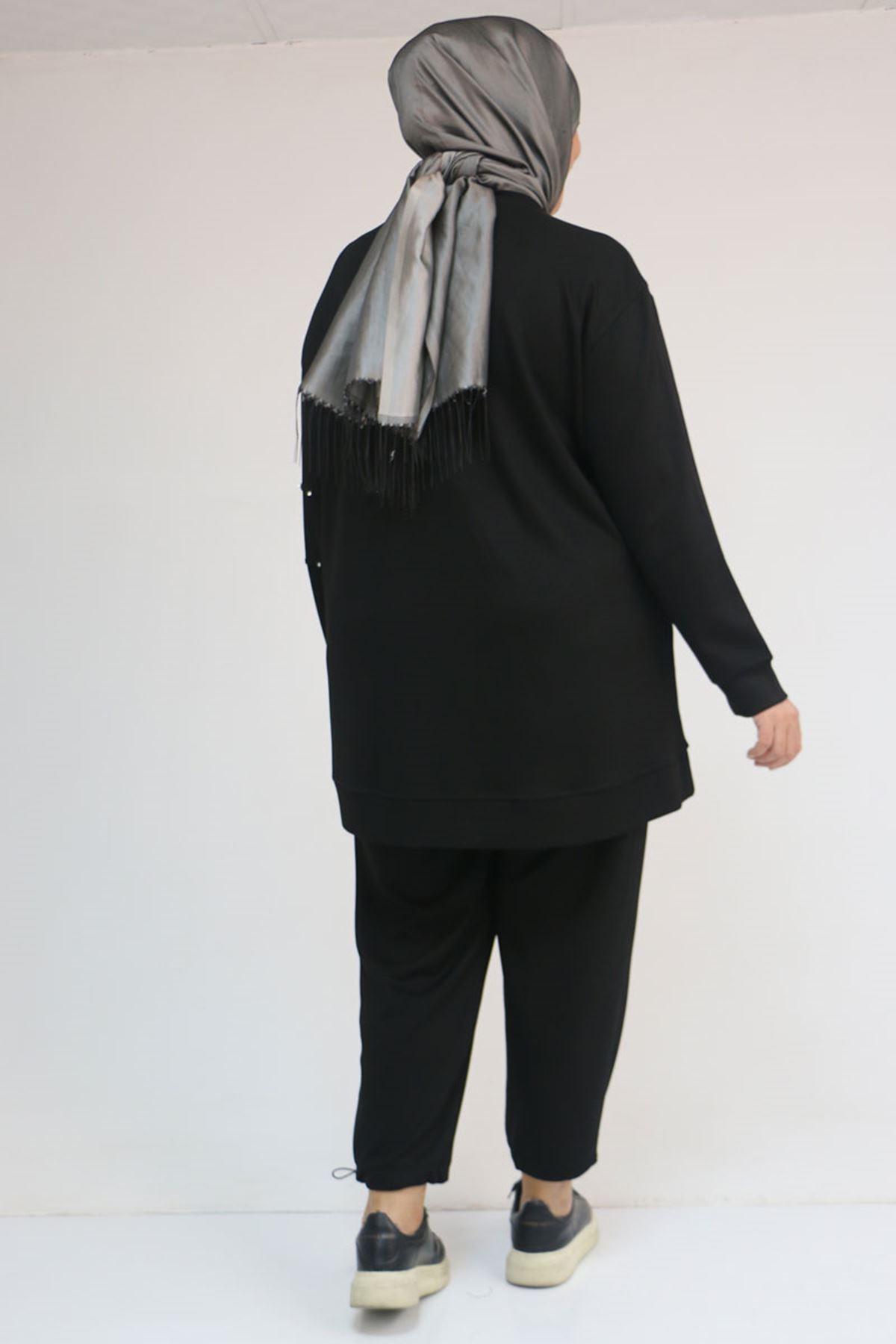 57052 Büyük Beden Pantolon Paçası Lastikli İkili Modal Takım - Siyah