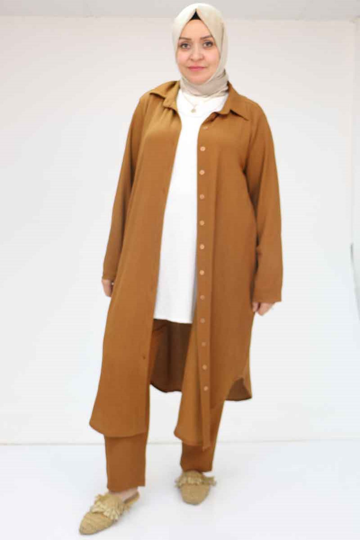 37013 Büyük Beden Bürümcük Pantolonlu Takım - Taba