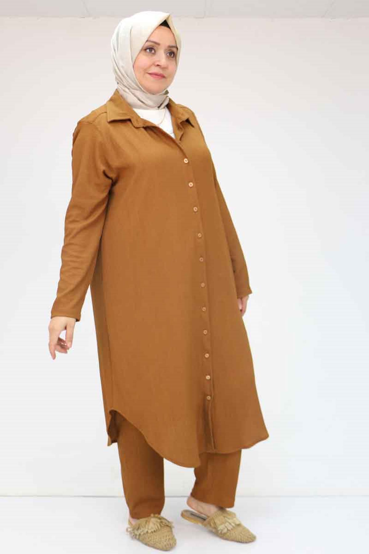 37013 Büyük Beden Bürümcük Pantolonlu Takım - Taba