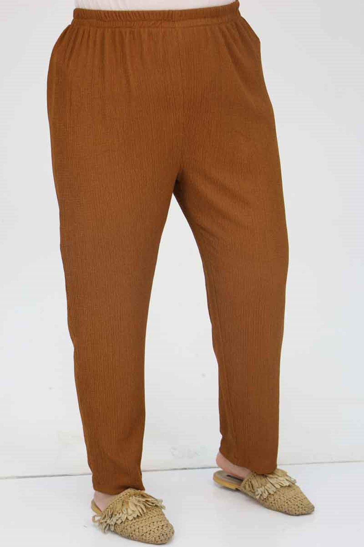 37013 Büyük Beden Bürümcük Pantolonlu Takım - Taba