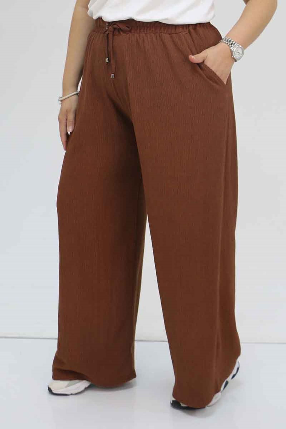 39012 Büyük Beden Bolpaça Bürümcük Pantolon - Taba