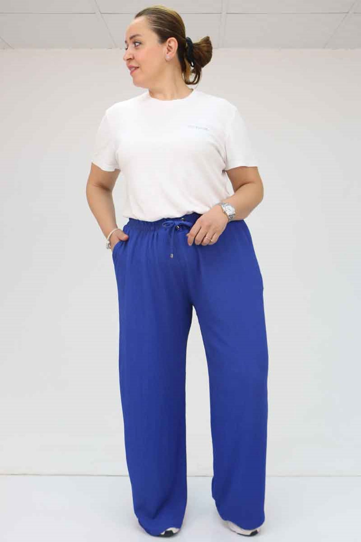 39012 Büyük Beden Bolpaça Bürümcük Pantolon - Saks