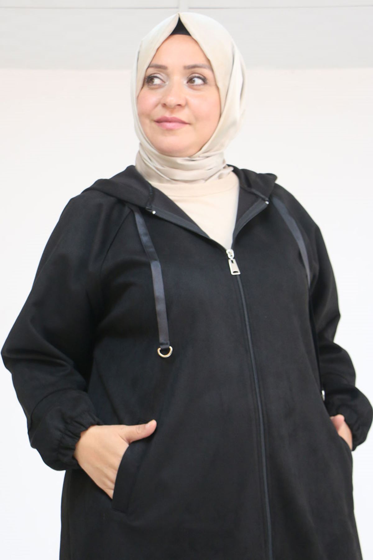 43078 Büyük Beden Kolları Lastikli Pat Detaylı Nubuk Kap - Siyah