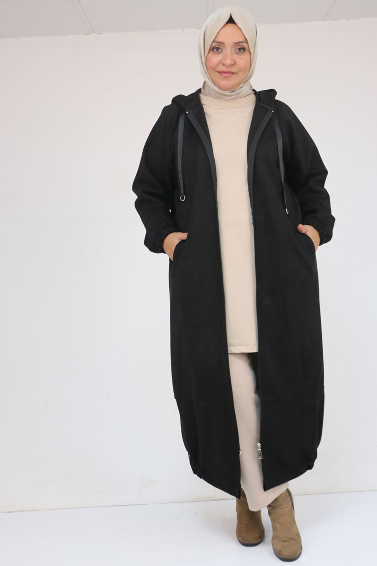 43078 Büyük Beden Kolları Lastikli Pat Detaylı Nubuk Kap - Siyah