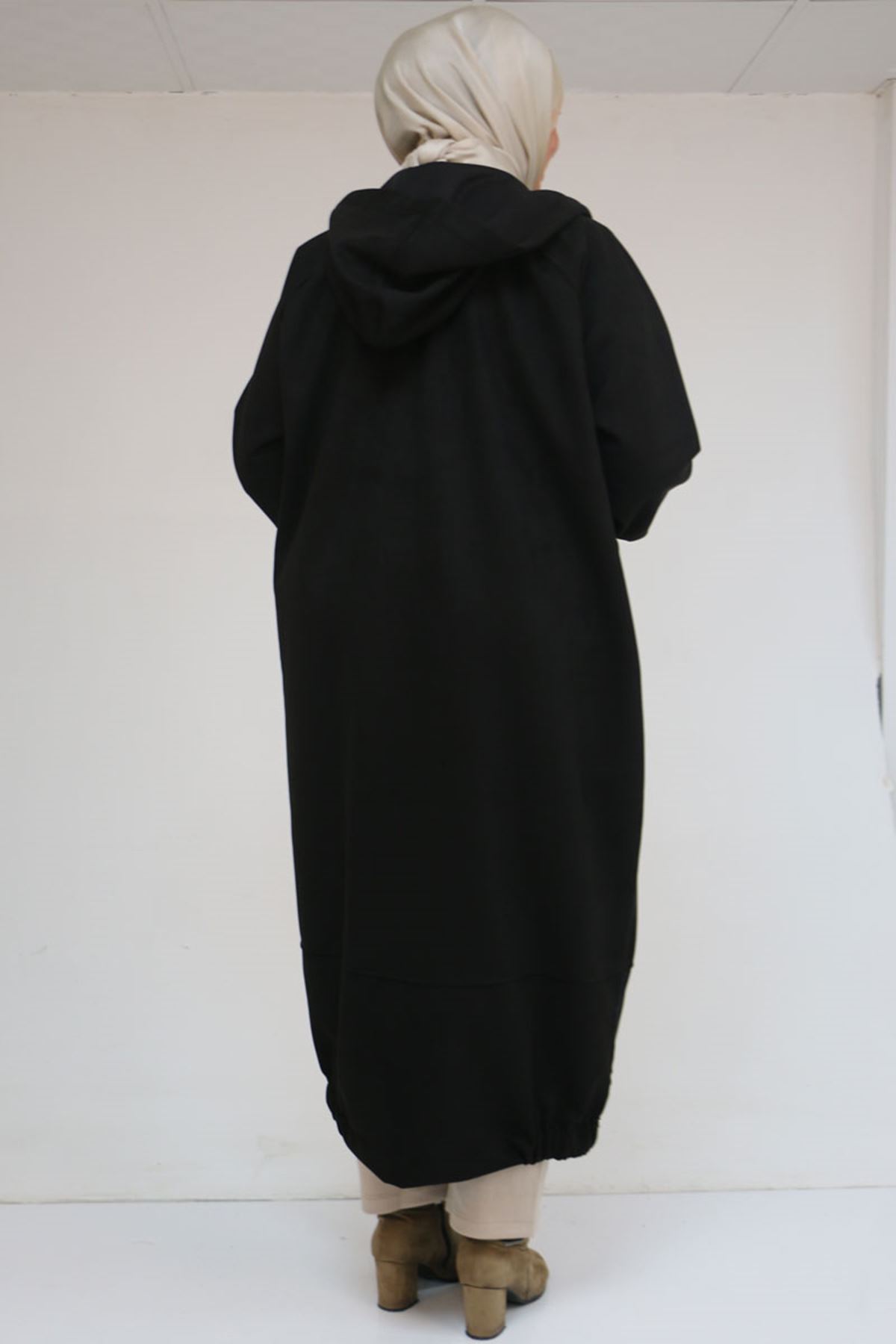 43078 Büyük Beden Kolları Lastikli Pat Detaylı Nubuk Kap - Siyah