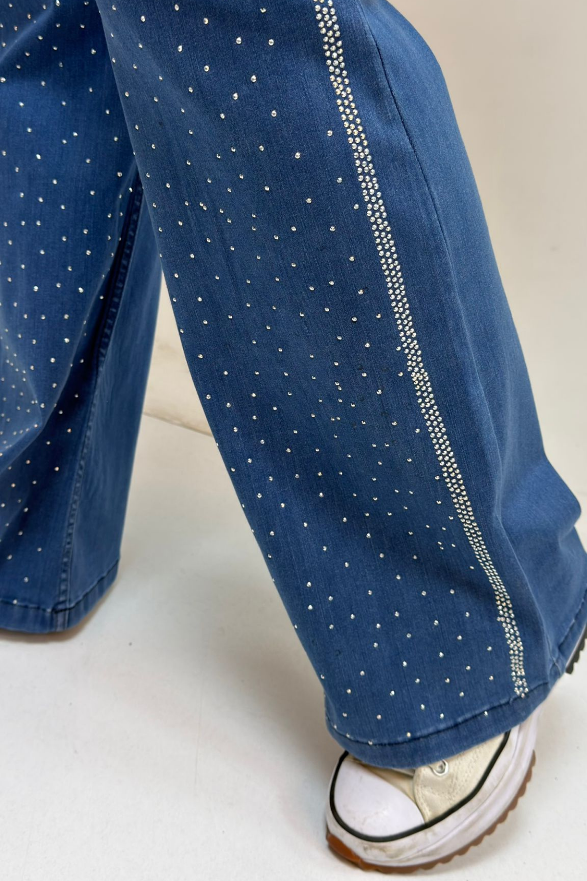 59038 Büyük Beden İspanyol Paça Taş Baskı Detaylı Kot Pantolon - Mavi