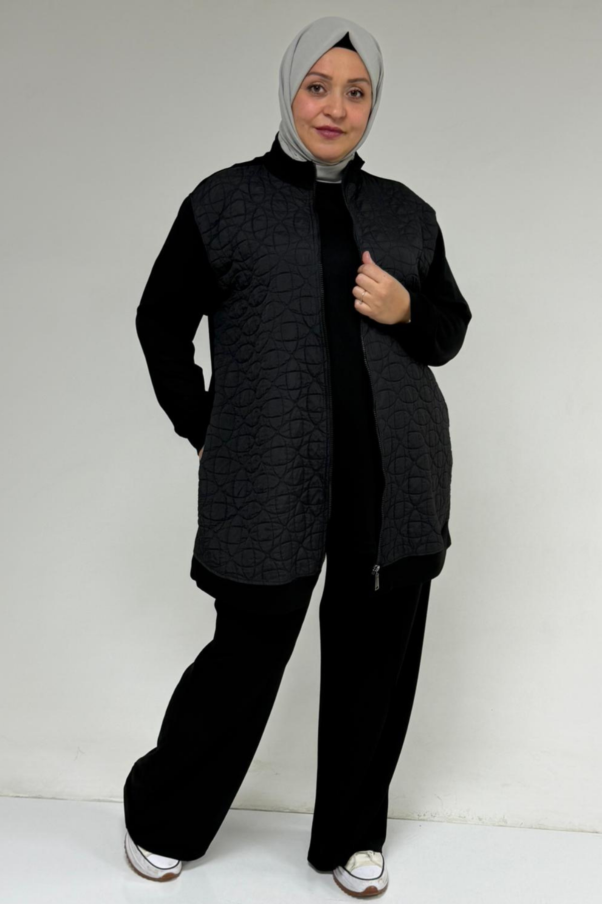 57304 Büyük Beden Ceketli Modal-Kapitone Üçlü Takım - Siyah-Siyah