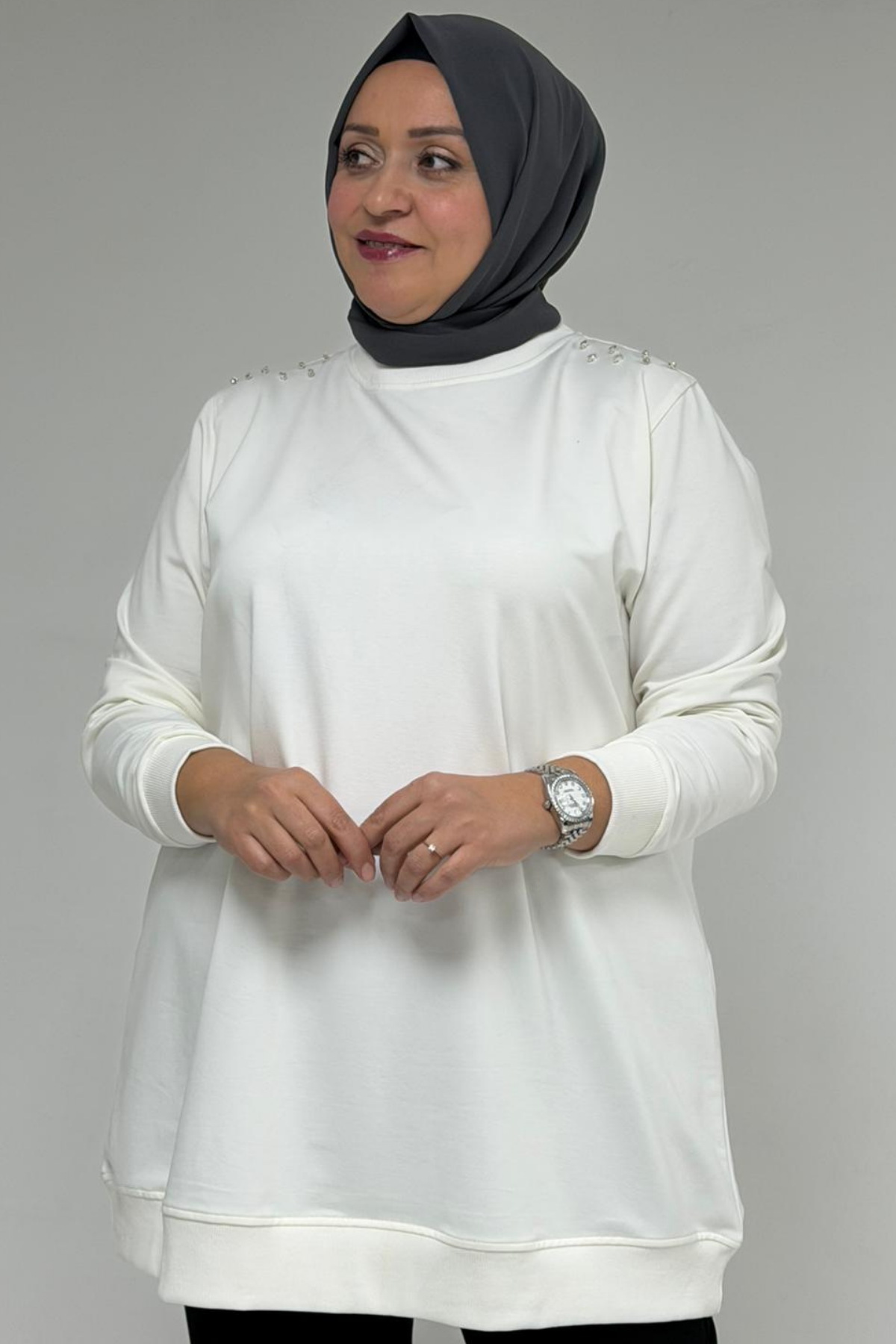 58171 Büyük Beden Omuzunda Taş Detaylı Kristal Tunik - Ekru