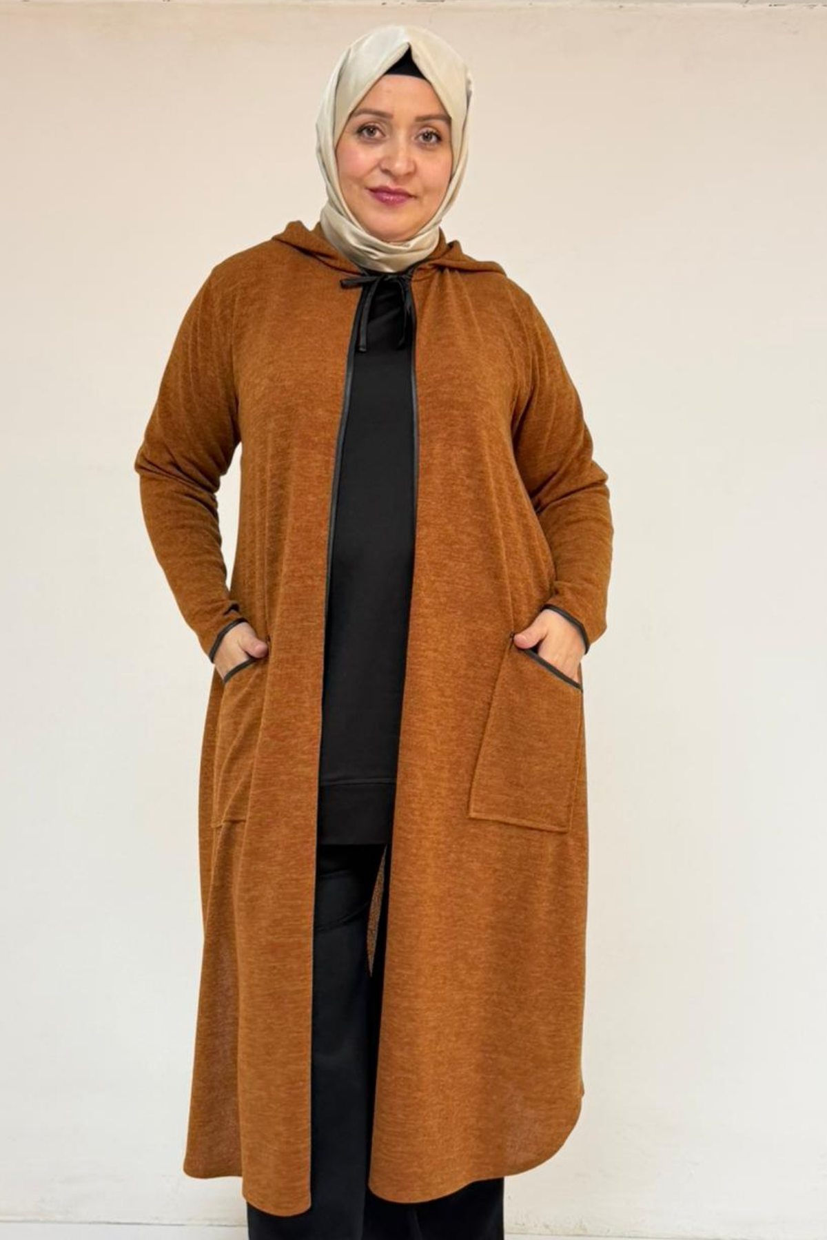 53063 Büyük Beden Biyeli Cepli Mir Ceket - Taba