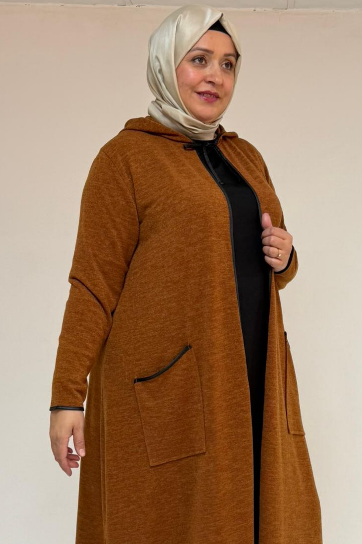 53063 Büyük Beden Biyeli Cepli Mir Ceket - Taba