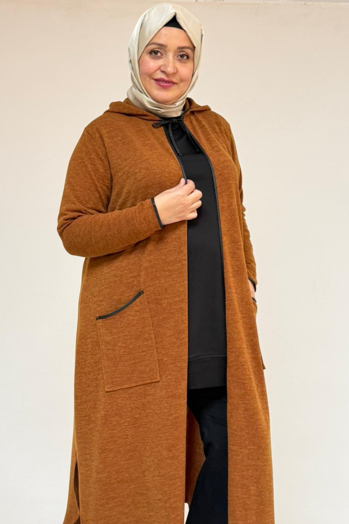 53063 Büyük Beden Biyeli Cepli Mir Ceket - Taba