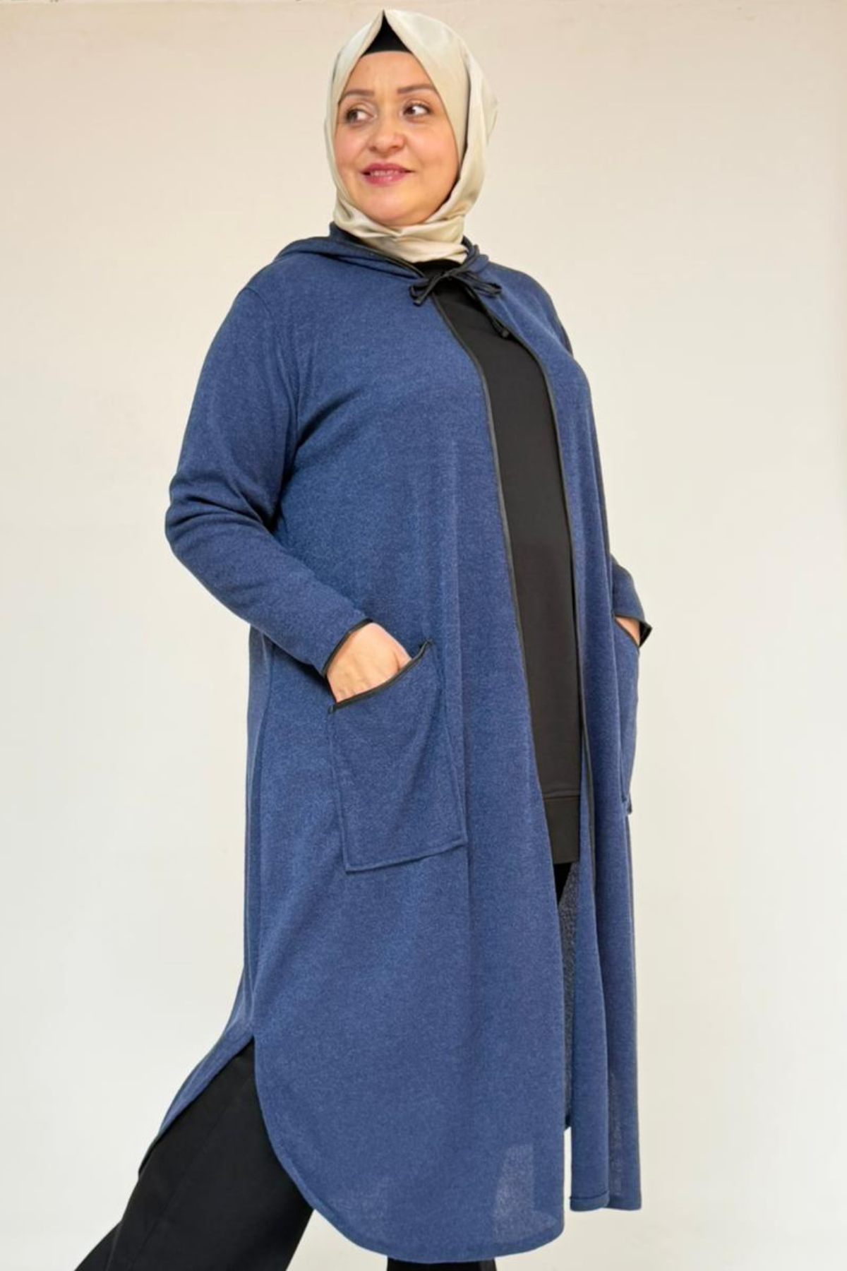 53063 Büyük Beden Biyeli Cepli Mir Ceket - İndigo