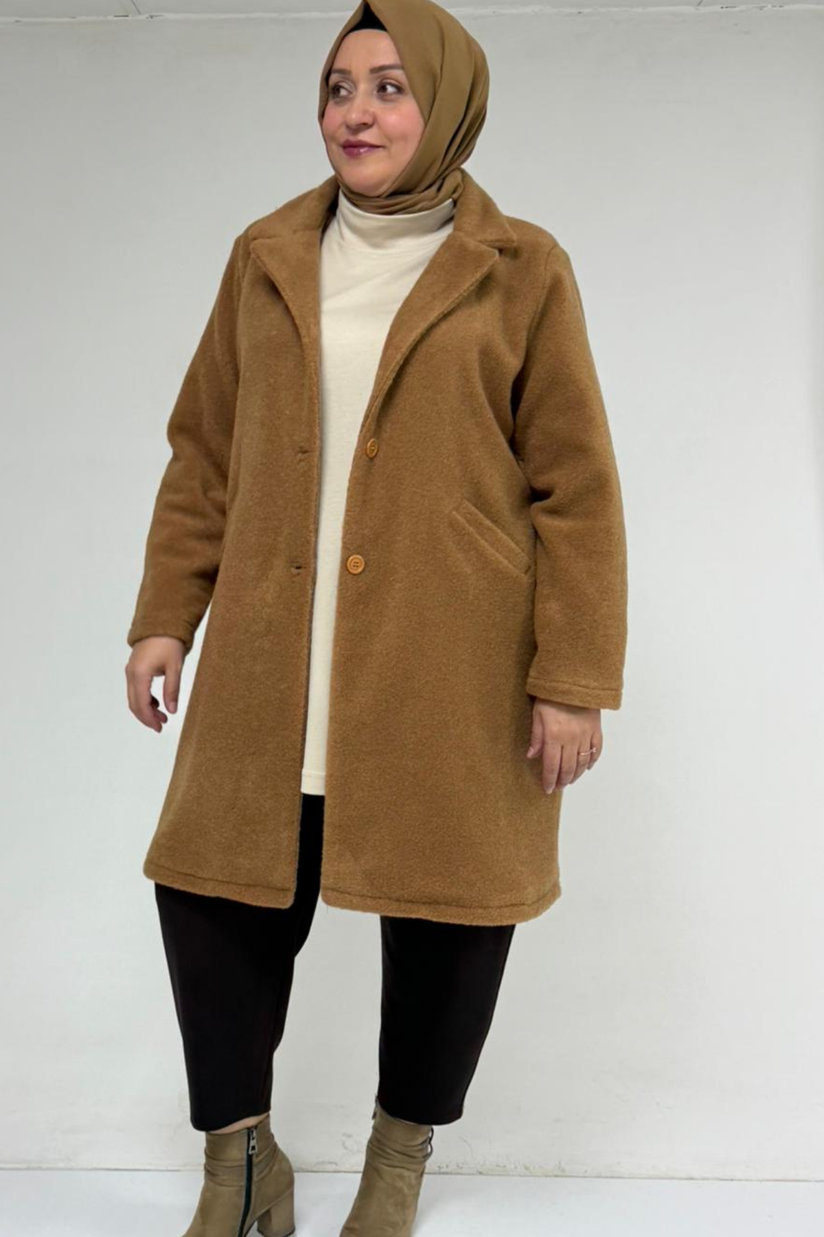 53051 Büyük Beden Keçe Kaban - Taba