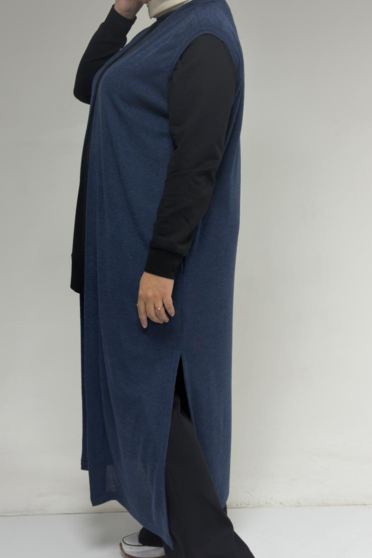 54015 Büyük Beden Yırtmaçlı Cepli Uzun Mir Yelek - İndigo