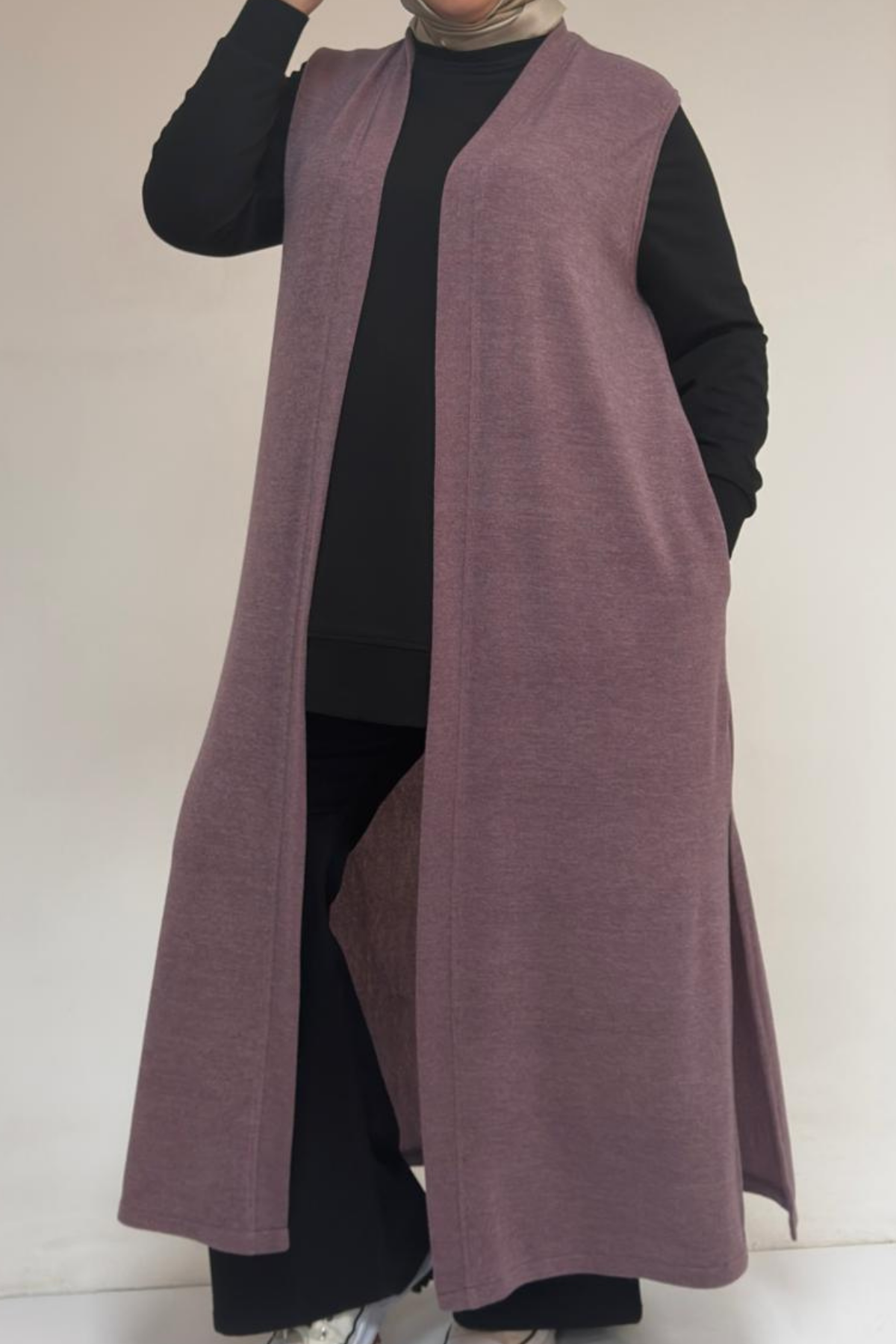 54015 Büyük Beden Yırtmaçlı Cepli Uzun Mir Yelek - Gül Kurusu