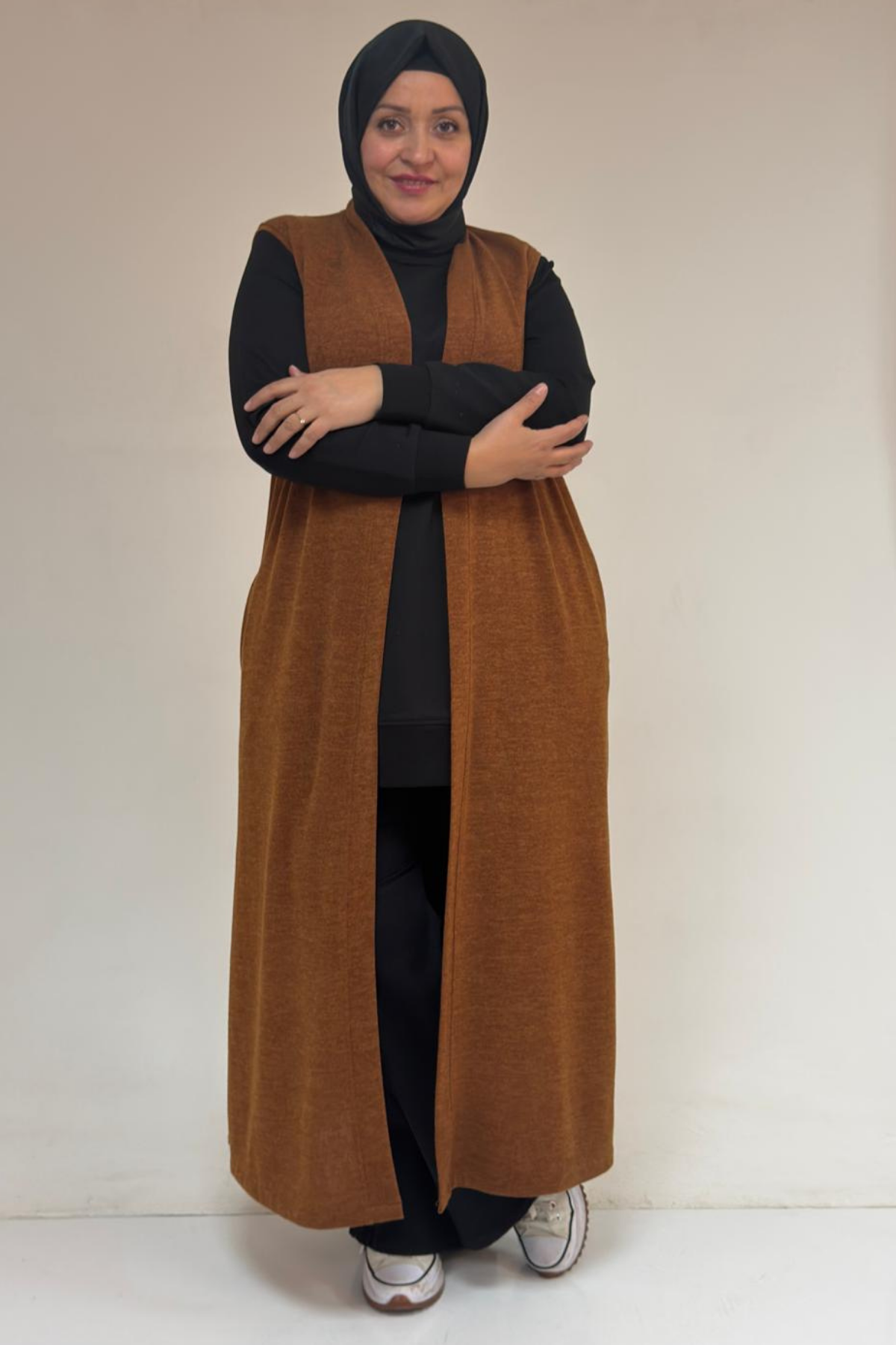 54015 Büyük Beden Yırtmaçlı Cepli Uzun Mir Yelek - Taba