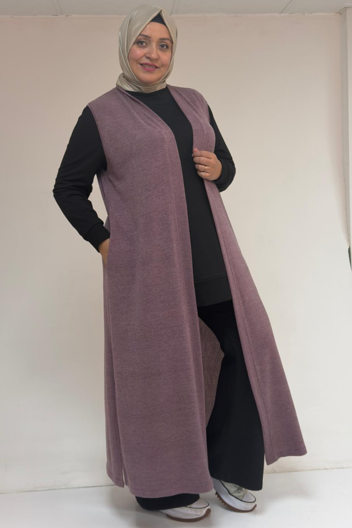 54015 Büyük Beden Yırtmaçlı Cepli Uzun Mir Yelek - Gül Kurusu