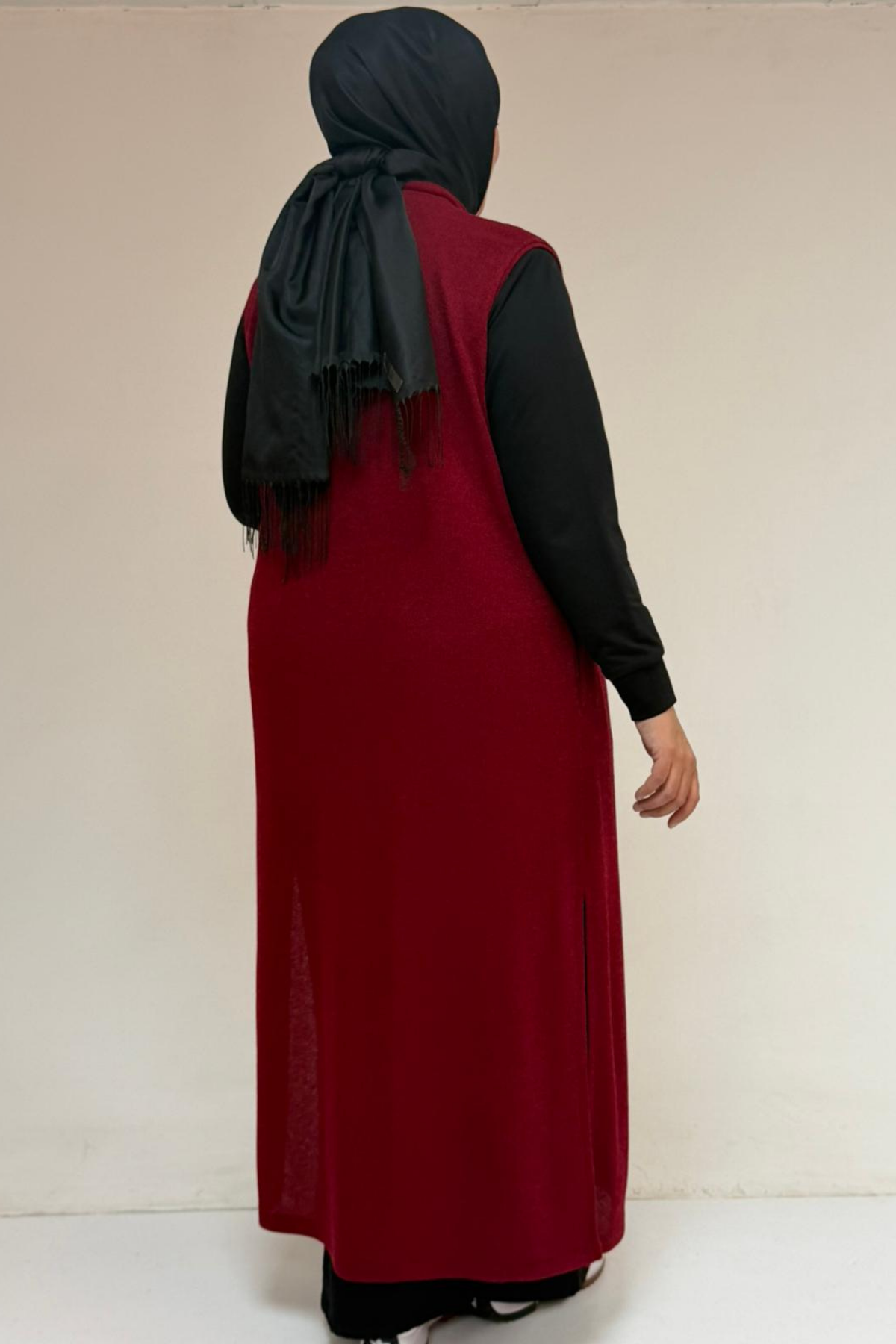 54015 Büyük Beden Yırtmaçlı Cepli Uzun Mir Yelek - Bordo